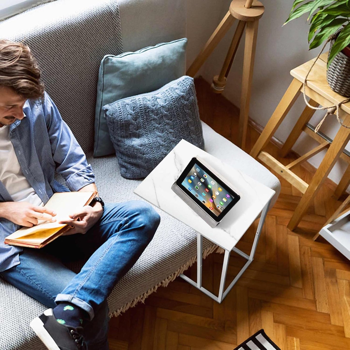 C Shaped End Table Set of 2 for Sofa and Bed, Slide Under Couch Tables, Side Table With Faux Marble Top, Small Under Table Tray for Living Room, Bedroom, White