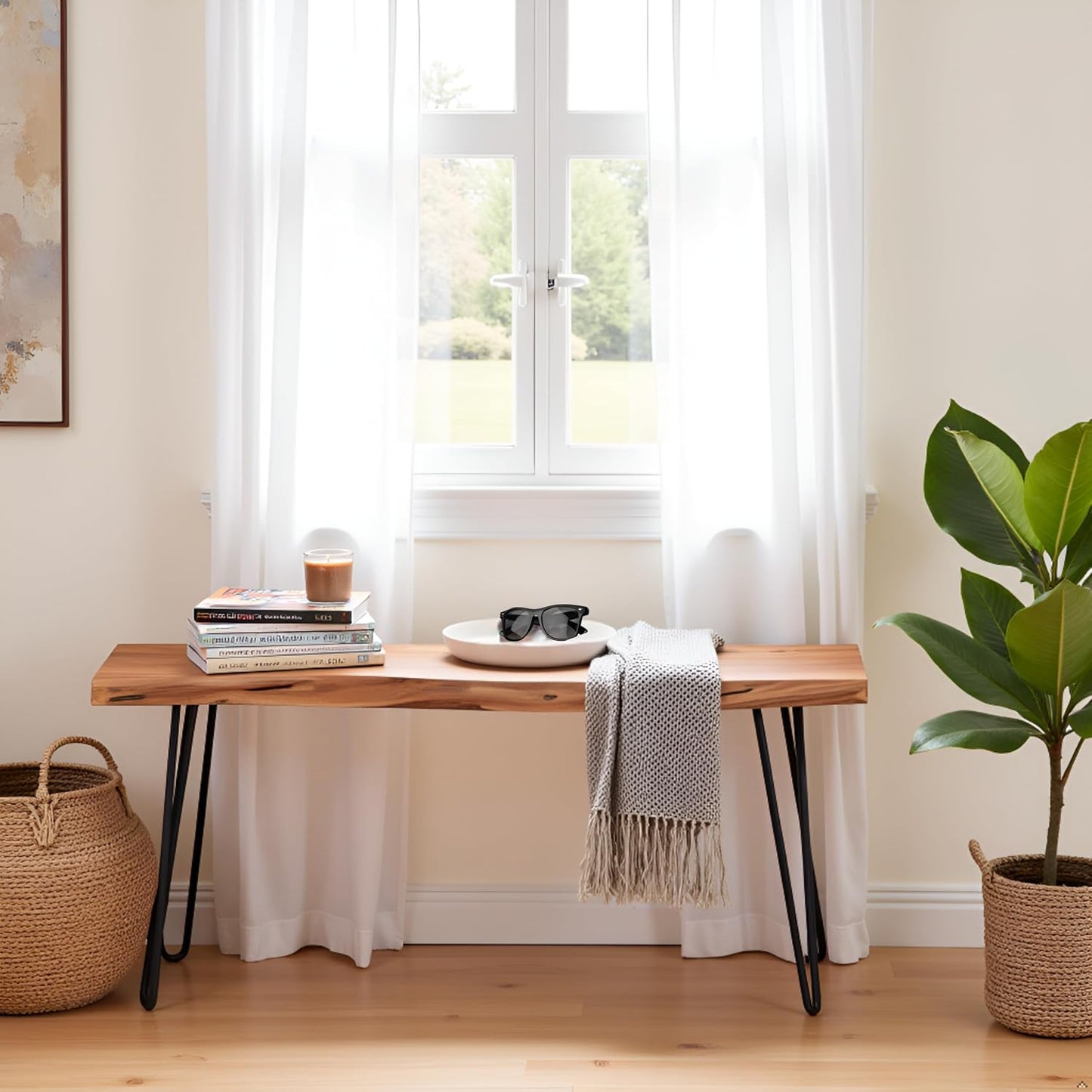 Alaterre Furniture 36-Inch Live Edge Wood Bench – Natural Acacia Wood Top with Metal Hairpin Legs – Sturdy and Easy to Assemble Rustic Modern Entryway or Accent Bench