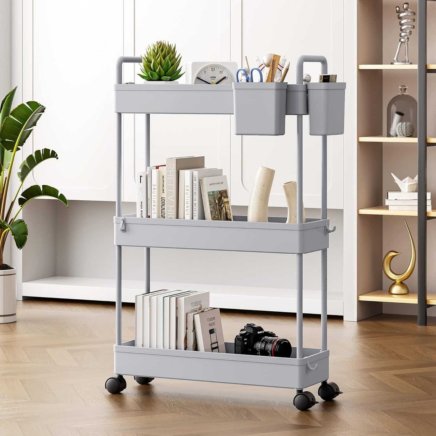 SOLEJAZZ Slim Rolling Storage Cart with Wheels 3 Tier Skinny Bathroom Storage Organizer Thin Laundry Room Utility Cart Space-Saving for Bedside Kitchen Office Small Narrow Places, Gray