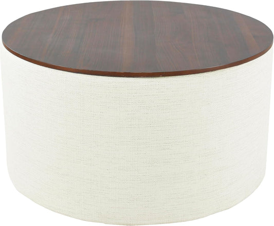 HomePop Modern Fabric Storage Ottoman with Wood Top - Stain-Resistant Cream Woven