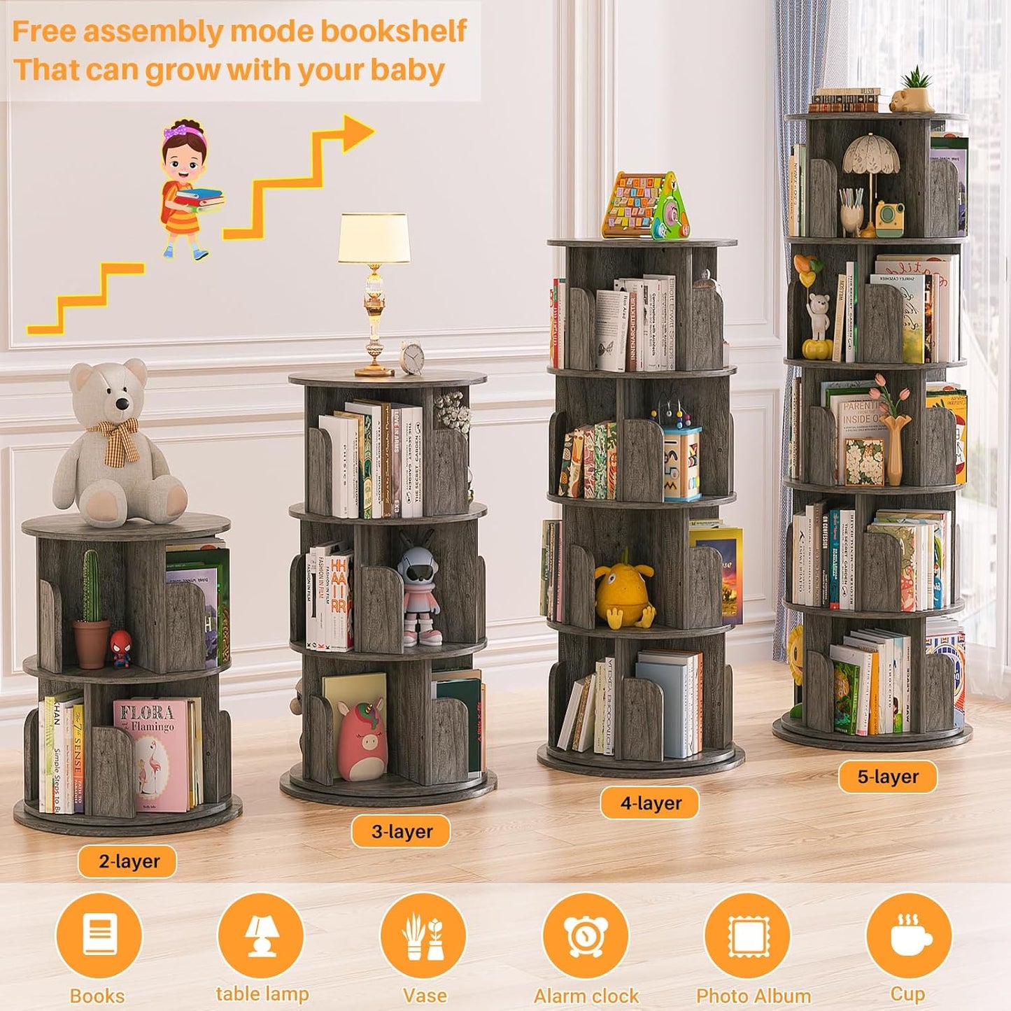 Aheaplus Rotating Bookshelf, 360 Display Wood Spinning Bookshelf Tower, 5 Tier Floor Standing Bookcase Storage Rack, Revolving Bookcase Corner Bookshelf for Small Space, Bedroom, Study Room,Black Oak