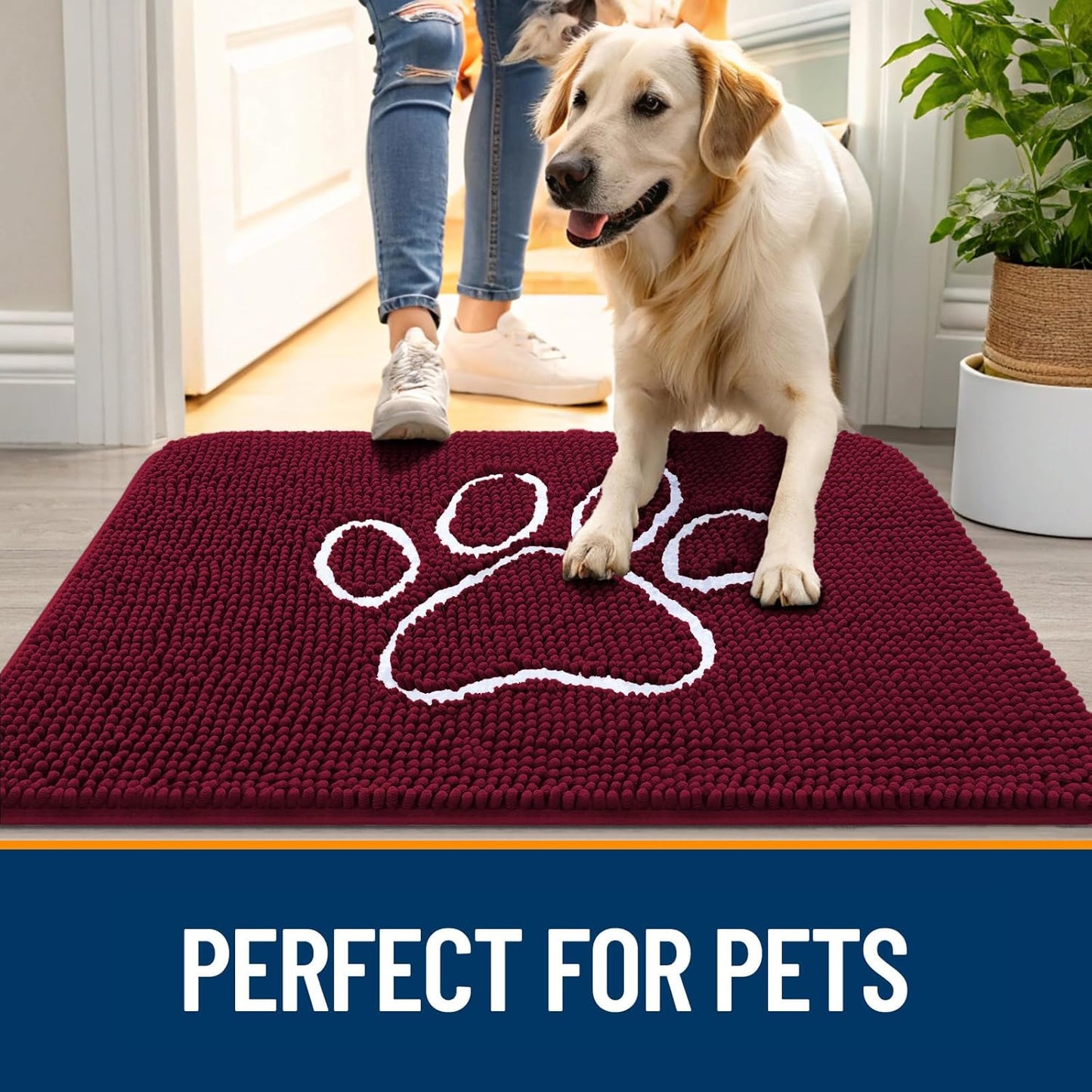 OLANLY Door Mat for Muddy Dog Paws 59x35, Ultra Absorbent Chenille Mud Doormat with Paw Print Design, Non-Slip Washable Doormat for Indoor Entryway, Quick-Dry Pet Bed Mats for Dirty Dogs, Burgundy
