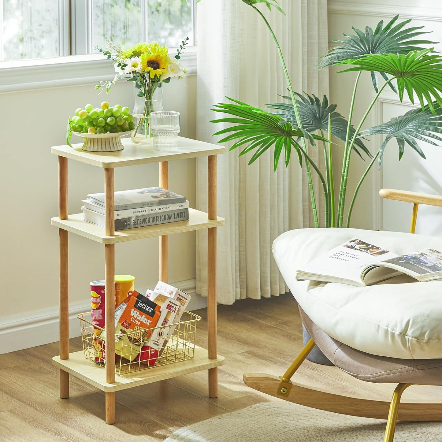 IBUYKE 3-Tier Side Table, Solid Wood Tall End Table with Storage Shelves, Nightstand Bedside Table for Living Room Bedroom Office, No-Tool Assembly, Light Natural UWST003S