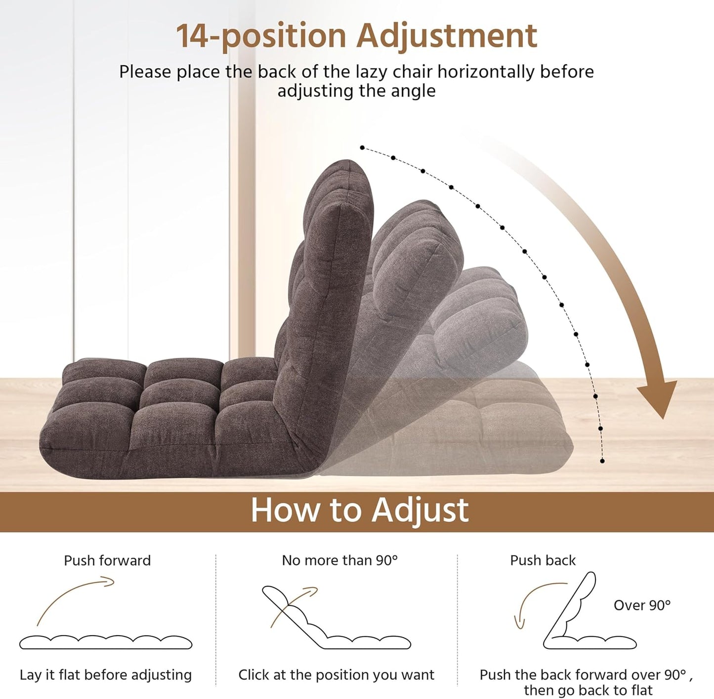 Yaheetech Floor Folding Chair with Back Support, Padded Folding Gaming Sofa Chair with 14 Adjustable Backrest, Adults Couch Recliner, Floor Seating Lounge Chair, Armless Meditation Chair, Brown