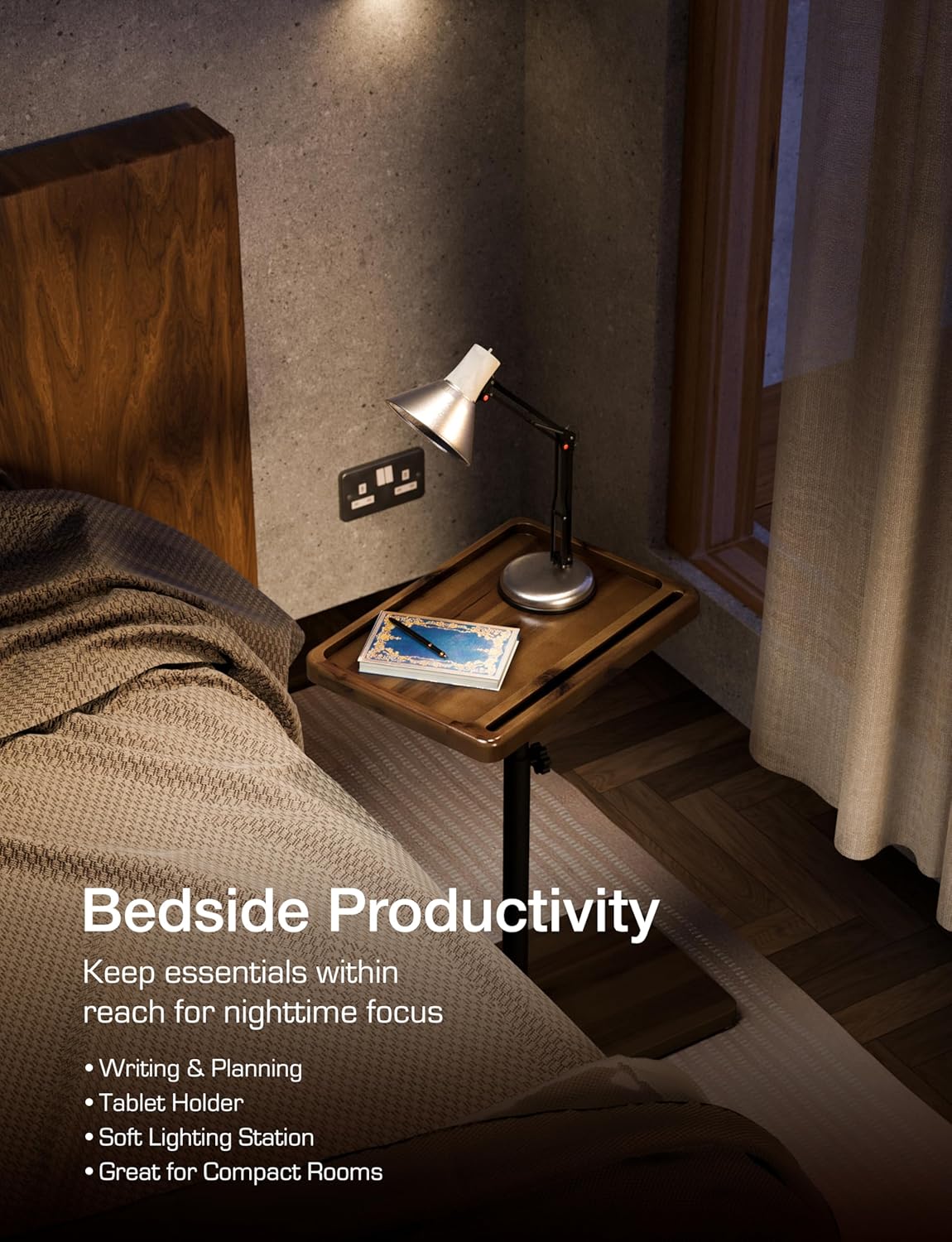 HOLANA Acacia Wood Adjustable C-Shaped Couch Table – 360° Swivel Side Table for Sofa - Small End Table for iPad, Laptop, or TV Tray – Eating Trays for Living Room or Bedside Use (Walnut)