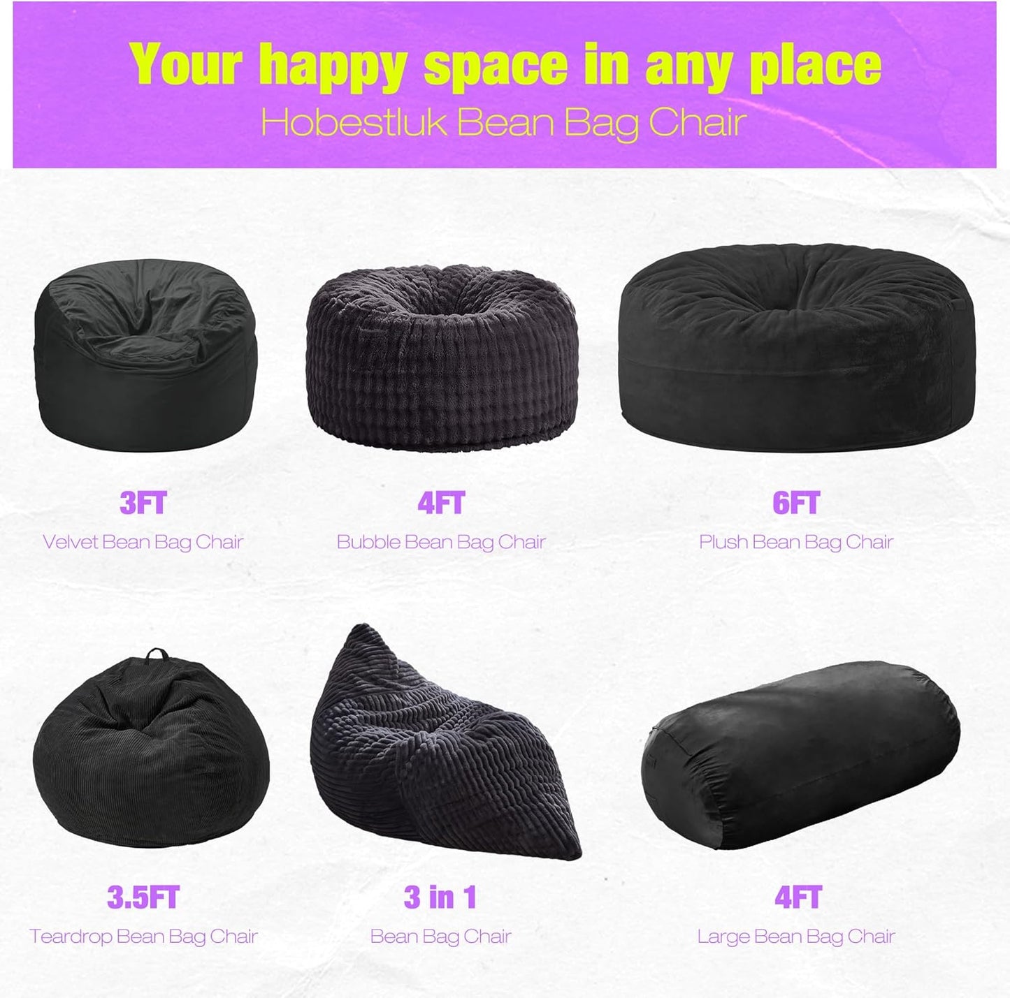 Hobestluk 4FT Bean Bag Chair Large Beanbag with Removable Cover Adult Bean Bag Chair with Portable Handle Desgin for Living Room Bedroom (Black, 4FT)