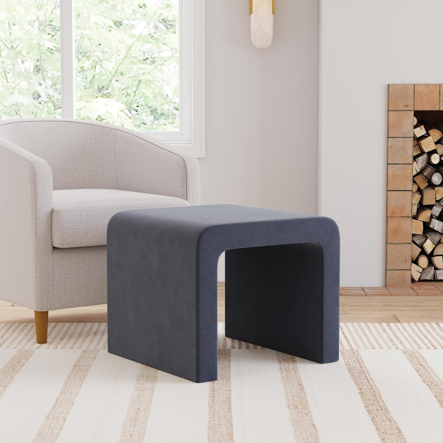 HomePop Modern Arch Velvet Ottoman Home Décor|Ottoman for Living Room & Bedroom - Steel Blue Velvet