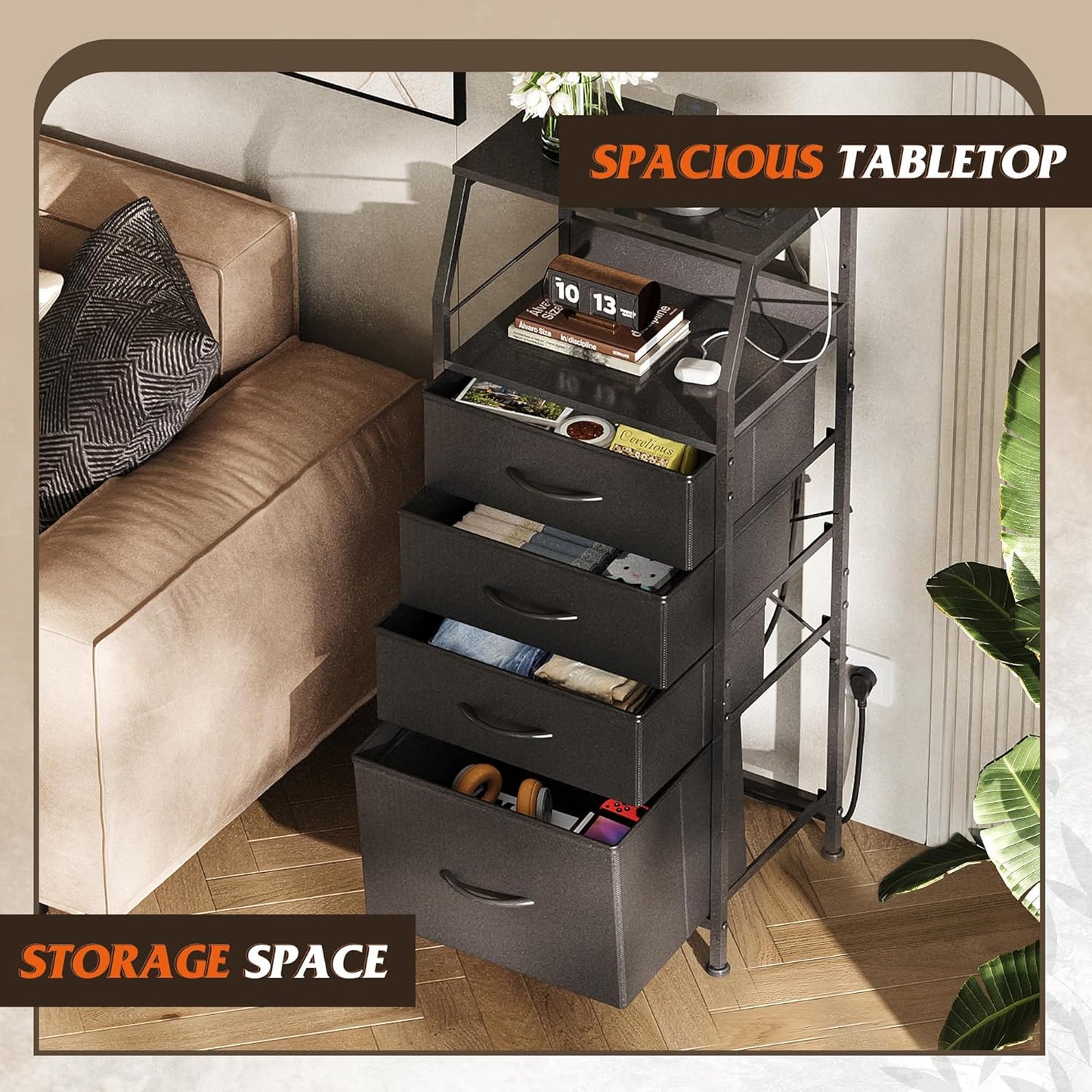 WLIVE Night Stand Set of 2 with Charger Station, Nightstand Sets with LED Light and 4 Storage Drawers, Tall Dressers for Bedroom, Bedside Tables with Fabric Bins, Wood Shelf, Metal Frame, Black