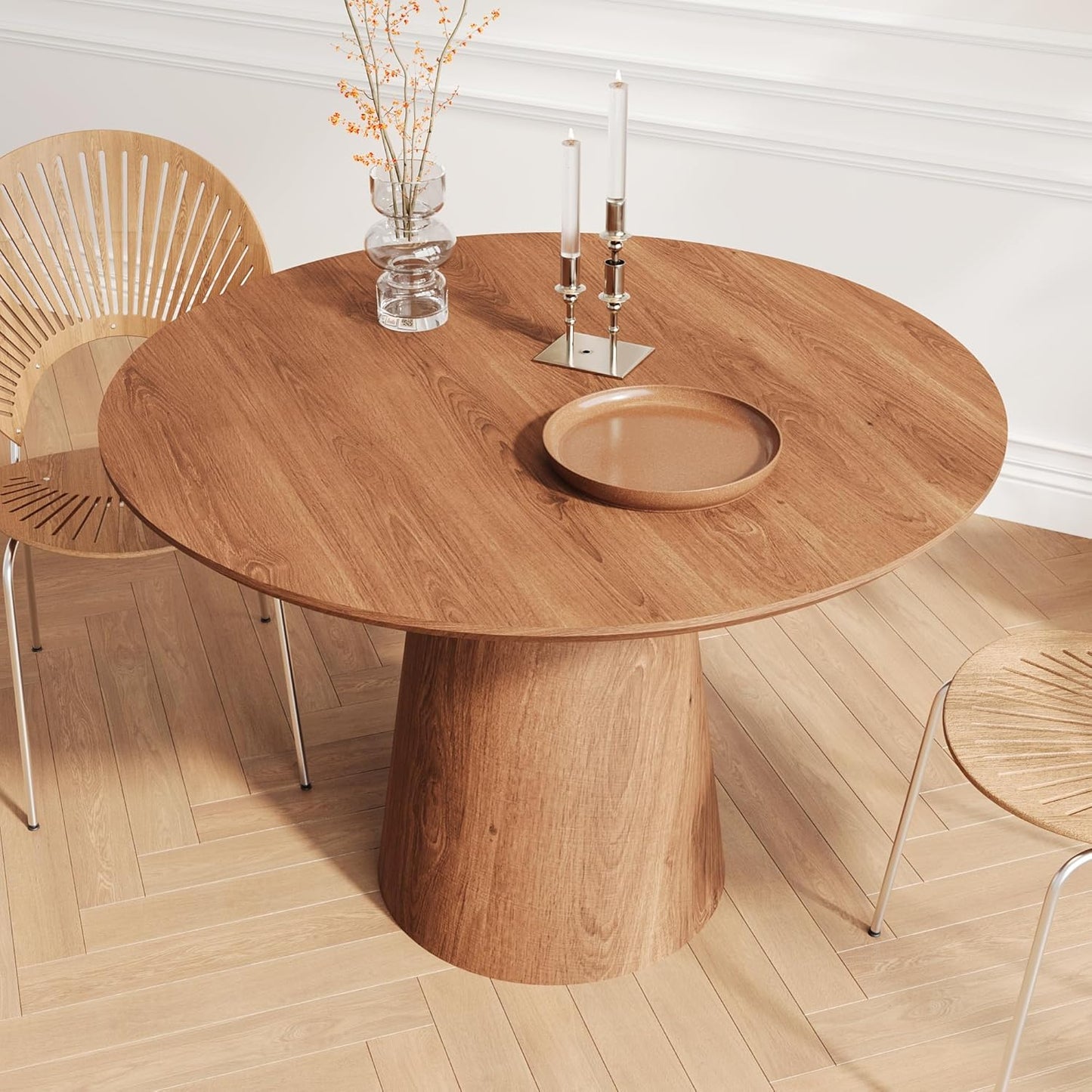 Round Dining Room Table for 4, 43'' Modern Farmhouse Kitchen Table with Round Pedestal, for Kitchen, Living Room, Cafe,Small Spaces, Apartment Walnut