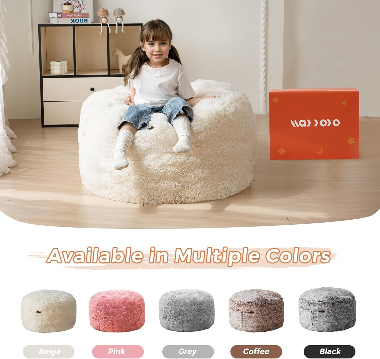 MAXYOYO Kids Bean Bag Chair, Stuffed Faux Fur Bean Bag for Toddler, Ultra Soft Floor Sofa with High-Density Foam Filling, Lazy Chair for Living Room, Playroom, Nursery Room