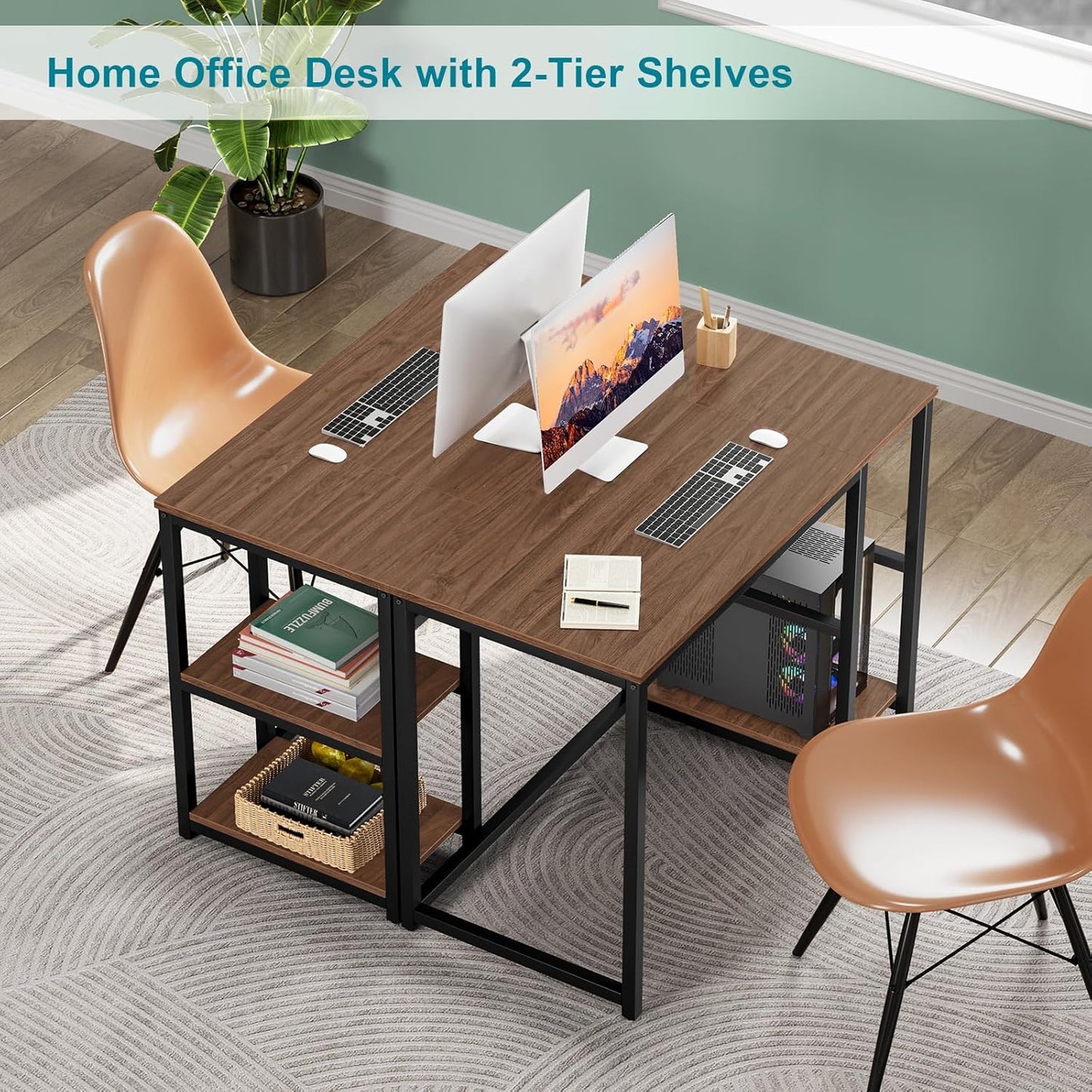 SINPAID Computer Desk 47 inches with 2-Tier Shelves Sturdy Home Office Desks with Large Storage Space Modern Gaming Desk Study Writing Laptop Table, Brown