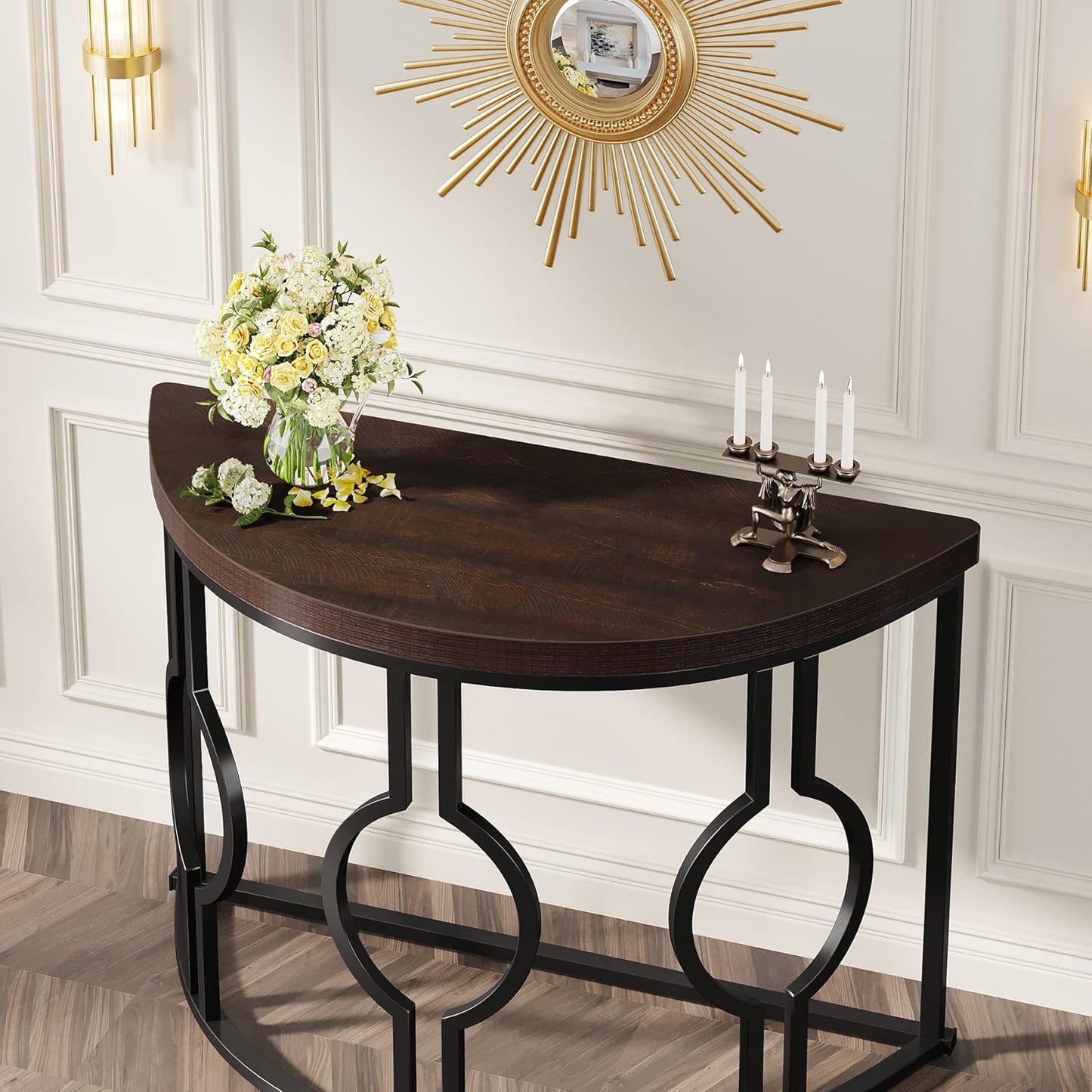 LITTLE TREE 43 Inch Half Moon Console Table for Entryway Industrial Semi Circle Sofa Table Wood Accent Table for Living Room, Hallway, Foyer, Entrance, Rustic Brown