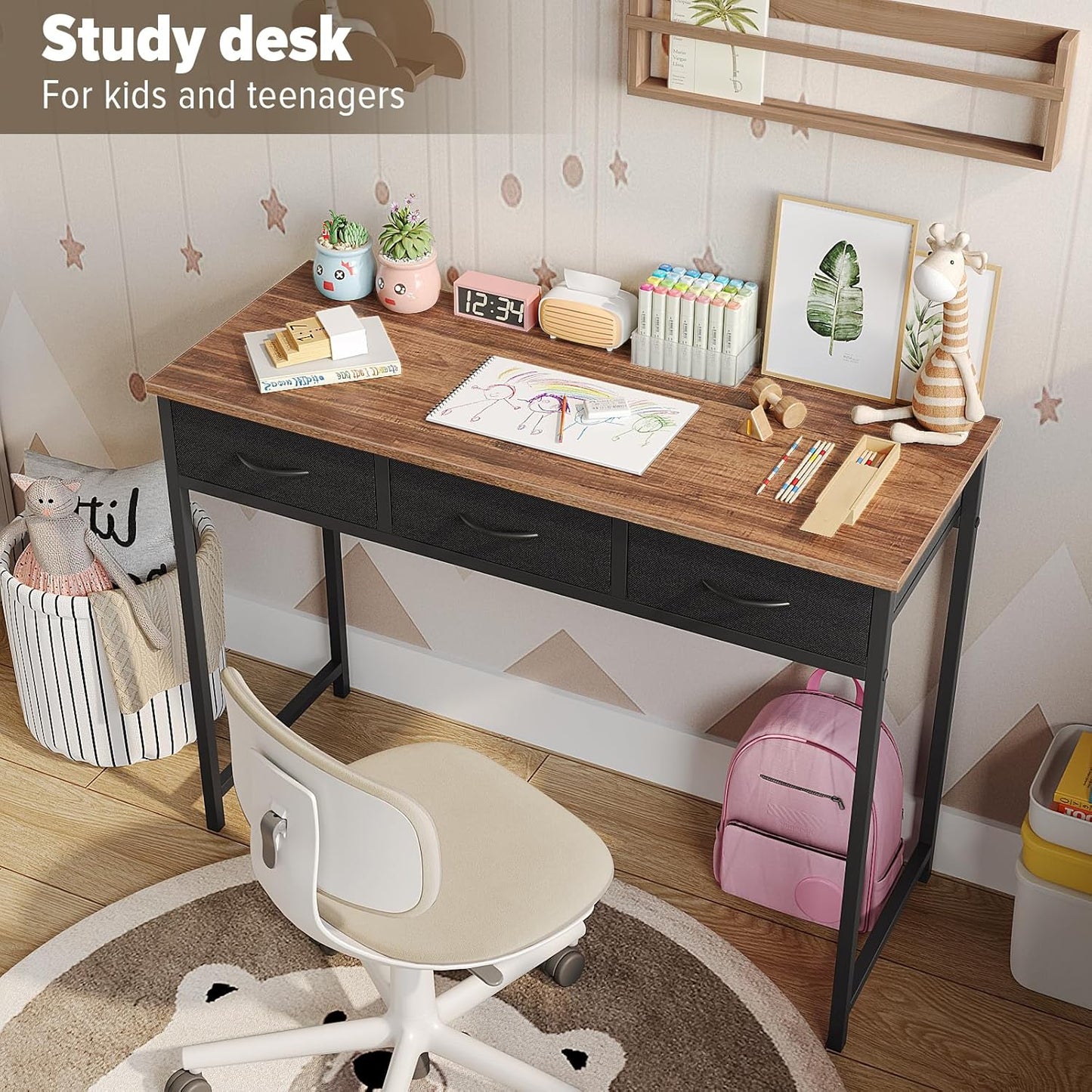 WOHOMO Computer Desk with Drawers, 39.3 Inch Bedroom Desk with Storage, Home Office Desk for Room Spaces, Modern Work Writing Study Tables, Rustic