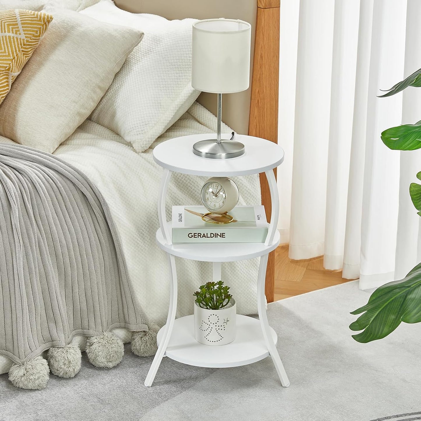Vintage Small Round Side Table, 3-Tier Slim Waist Circular End Table with Storage Shelf, Compact Tea Sofa Table, Round Corner Coffee Table Nightstand for Living Room Bedroom Small Spaces,White