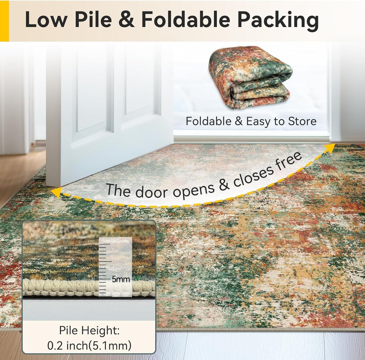 Washable Area Rugs 5'x7' Non-Slip Modern Abstract Soft for Living Room Entryway Bedroom Nursery, Print Pattern, Green Orange Rust Red Cream Colorful