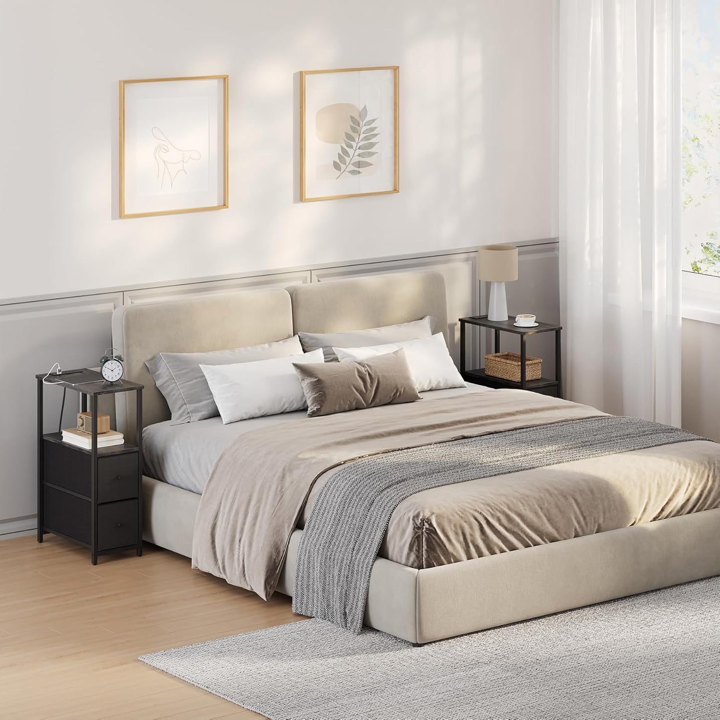 TUTOTAK Small Narrow End Table with Charging Station, Set of 2, Side Table with Outlets, Nightstand with 2 Cloth Drawers, Couch Table, for Living Room, Bedroom, Bedside, Charcoal Grey TB01BY055