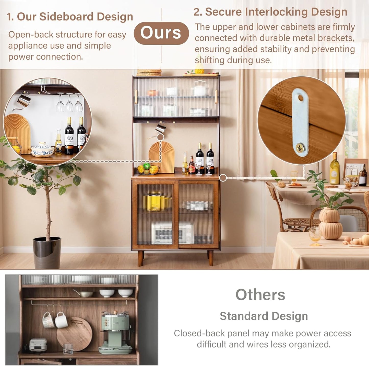 Tiita Kitchen Hutch with Countertop, 69” Rattan Solid Wood Pantry Cabinet with Hutch, Boho Bamboo Sideboard Buffet Cabinet, Boho Entryway Table for Living Room, Home Bar, Hallway, Walnut