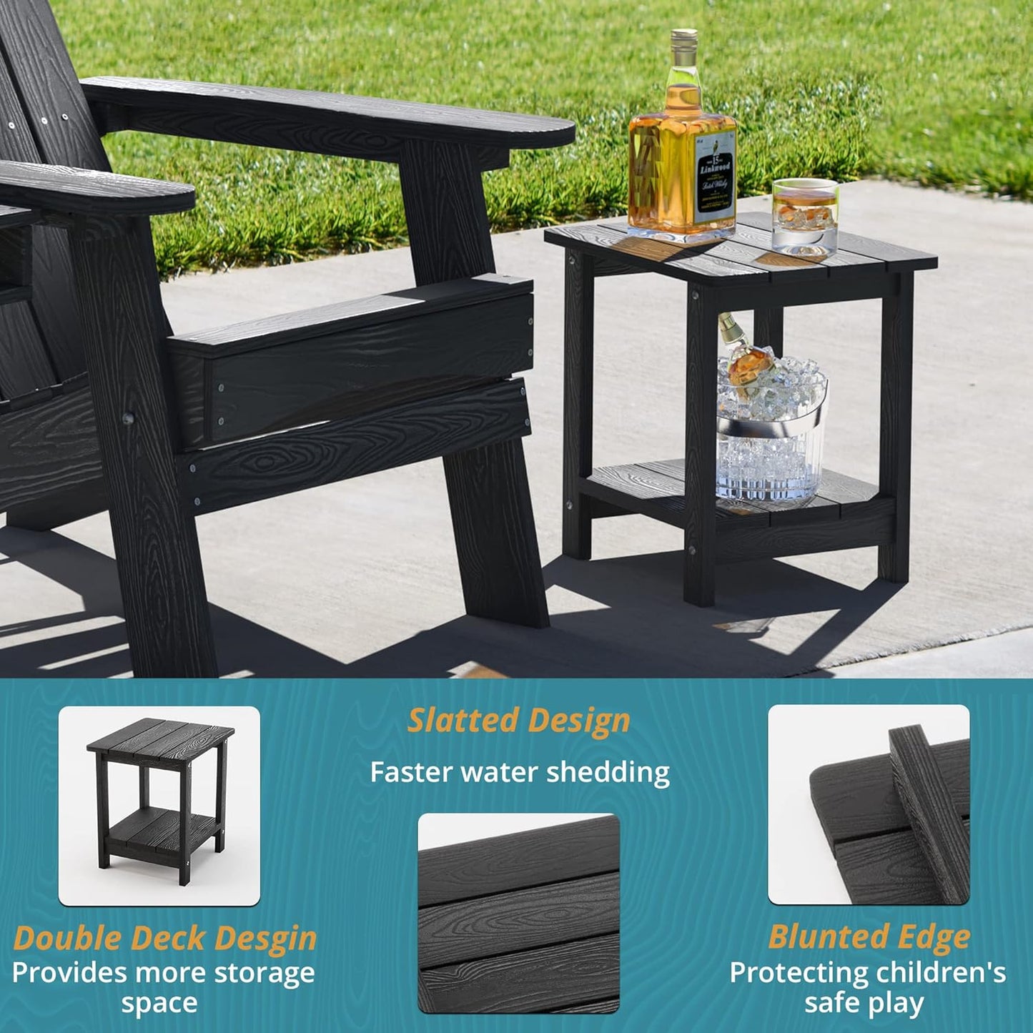 LUE BONA Adirondack Outdoor Side Table, 2-Tier Black HDPS Patio End Table Weather Resistant, Morden Side Table for Patio, Pool, Porch