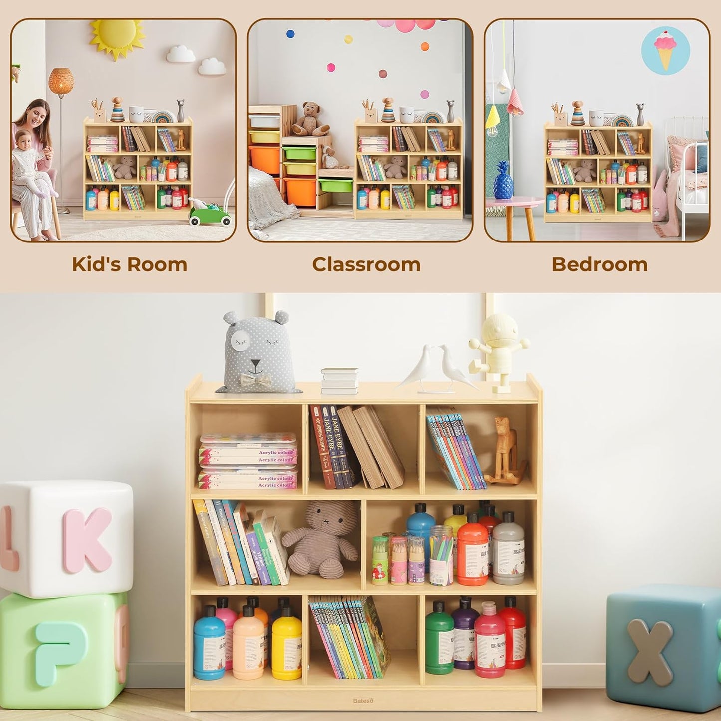 Toy Storage Organizer for Kids Room, Wooden Kids Bookshelf for Classroom, Cube Storage Organizer for Playroom, 8-Section Montessori Bookshelf & Toy Shelf for Nursery