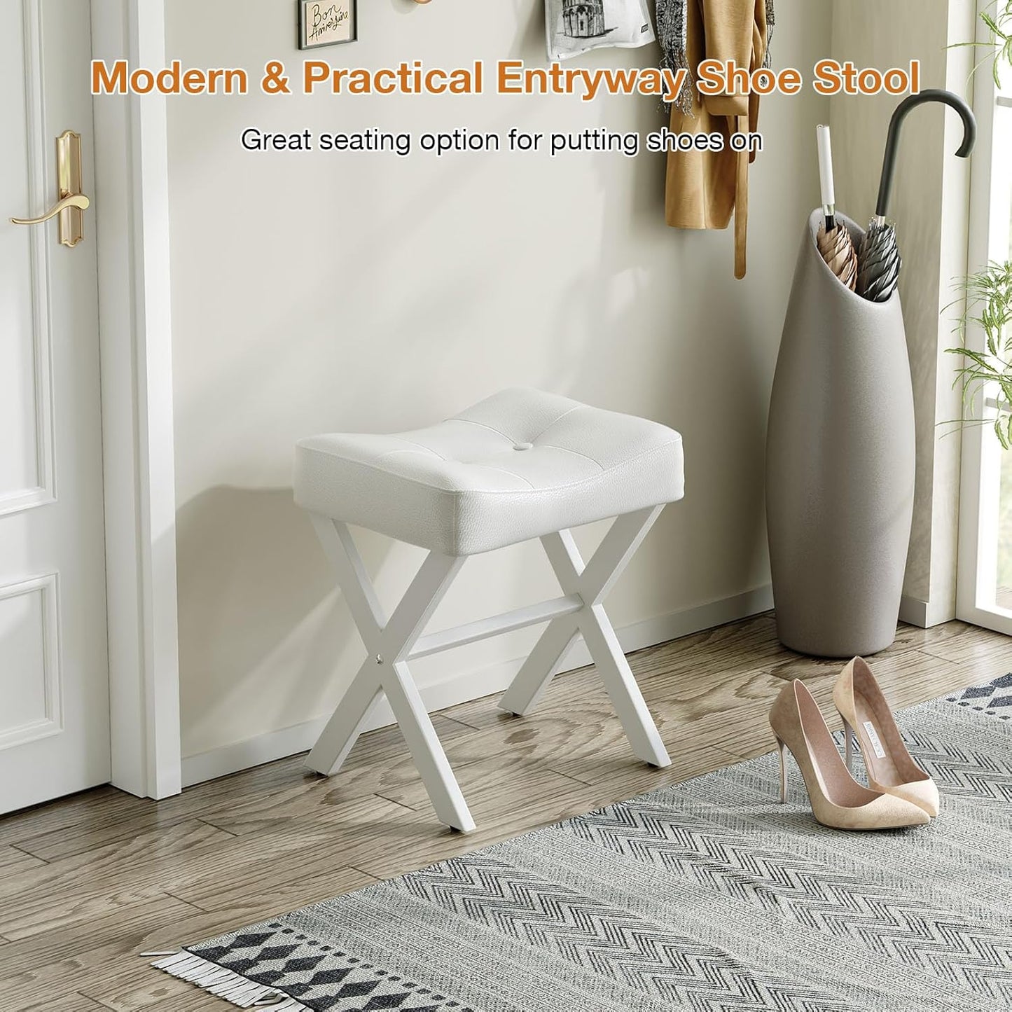 18-Inch Leather Vanity Stool Chair, Vanity Bench with Metal X-Leg, Ottoman Foot Stool with Thick Padded Saddle Seat, White