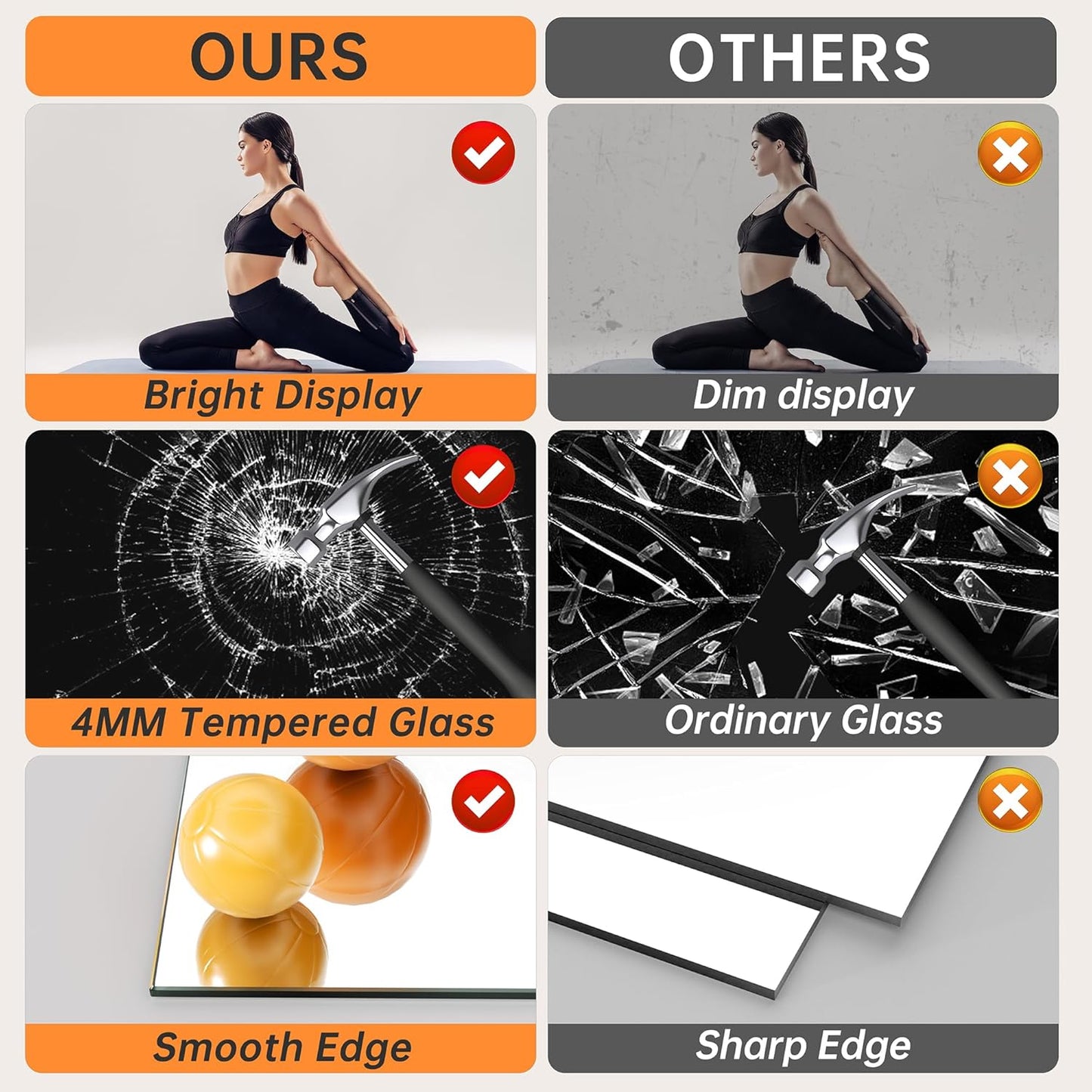 Hasipu 4 Pcs 48''x24'' Home Gym Mirror Large Full Length Wall Mounted Full Body Mirror for Yoga Dance Fitness Exercise Studio Bedroom Garage, Frameless Tempered Glass Workout Mirrors Black Rectangular