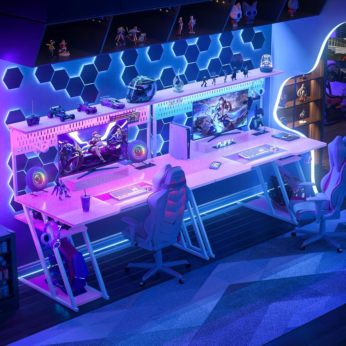 Armocity Pink Gaming Desk with Hutch and LED Lights, 53" Computer Desk with Storage Shelves, Reversible PC Gaming Desk with Pegboard, Gamer Desks for Bedroom, Carbon Fiber Surface