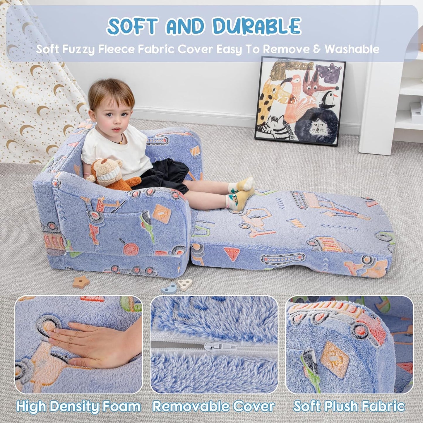 Comfy Toddler Chair and Couch for Kids with Blanket,2-in-1 Soft Plush Fold Out Toddler Couch for Girls and Boys,Convertible Sofa to Lounger for Playroom,Car Excavator