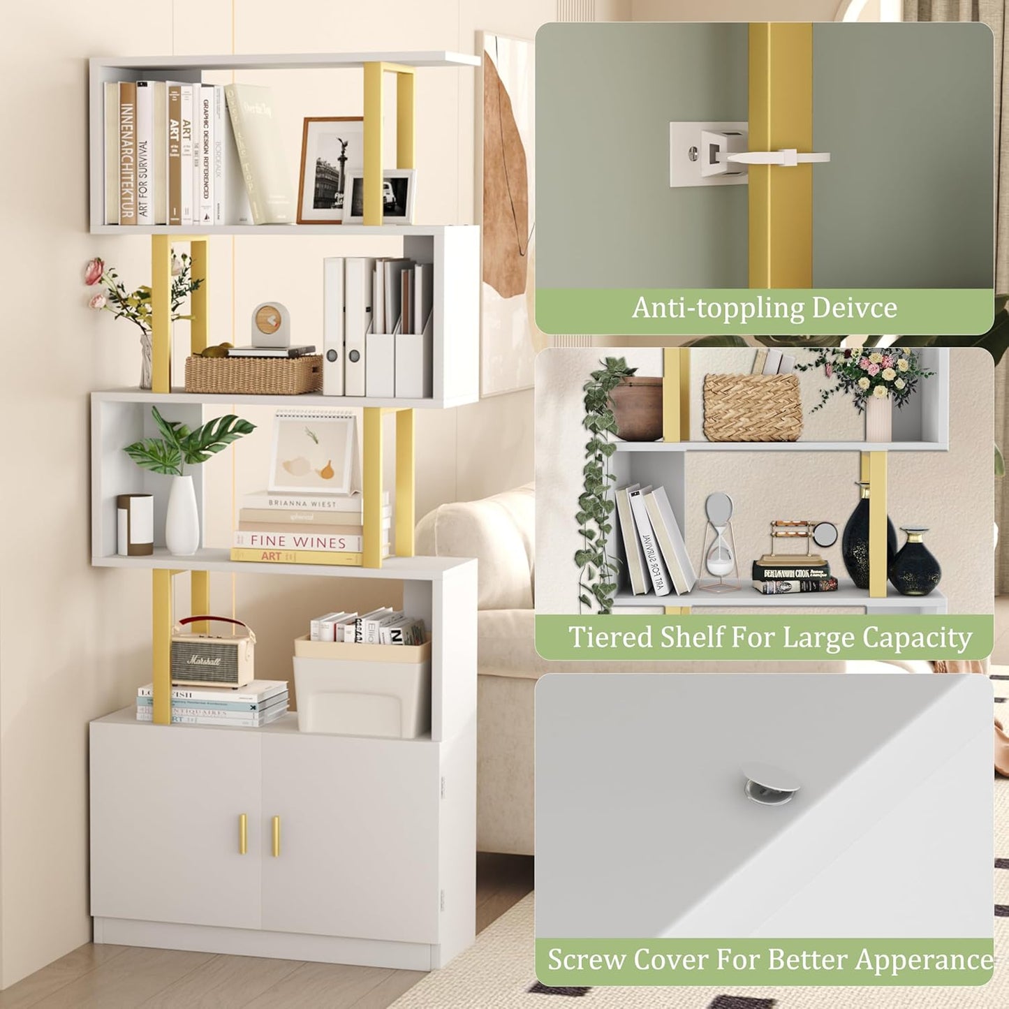 Yusong Geometric Bookcase with Cabinet, S Shaped Bookshelf 5-Tier Book Shelves for Bedroom, Modern Wood Decorative Display Shelf Tall Book Case for Home Office, Gold and White