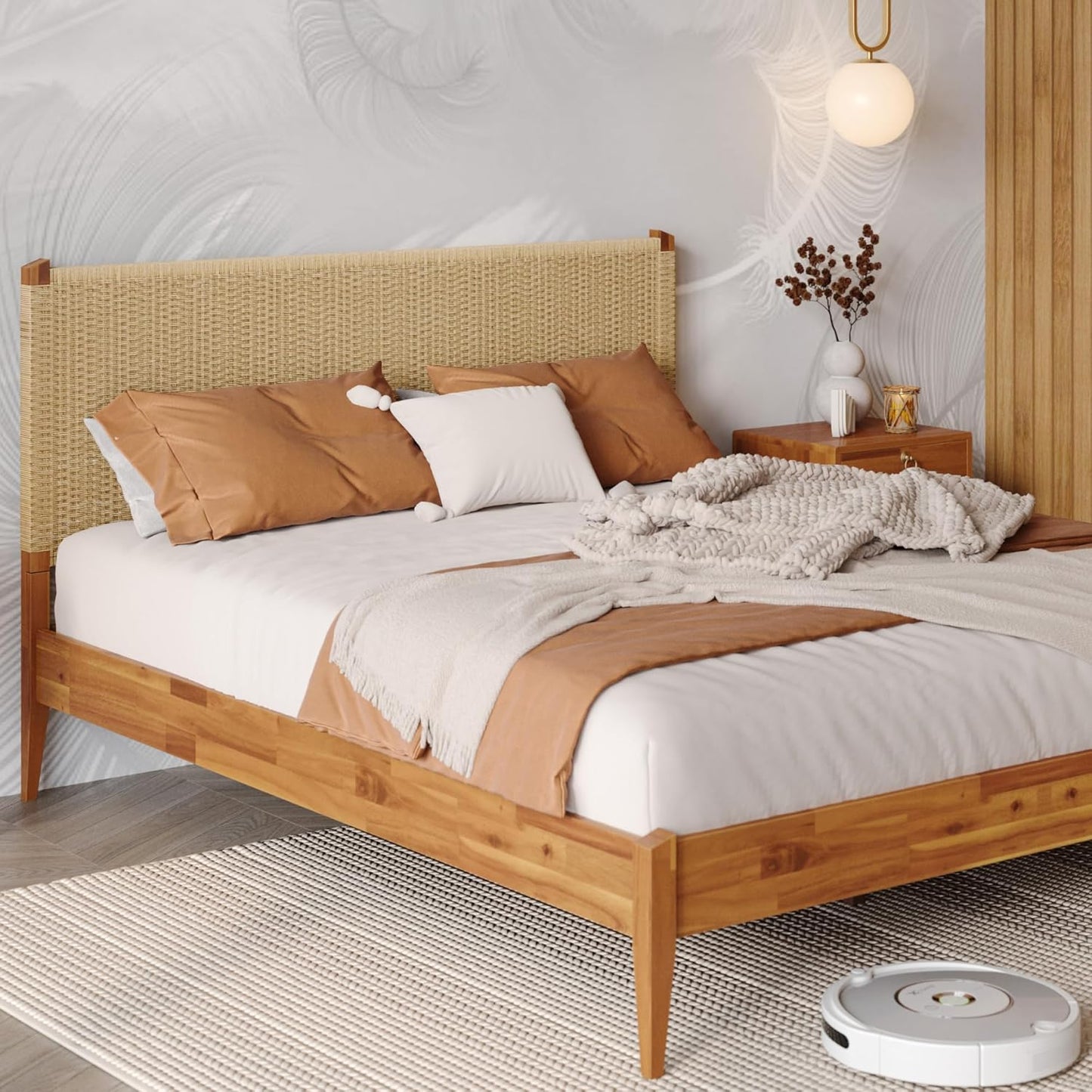 Bme Selina Headboard Queen Size Bed Frame - Handcrafted Paper Cord Headboard, 12-Slat Support, No Box Spring Needed - Easy Assembly, Caramel