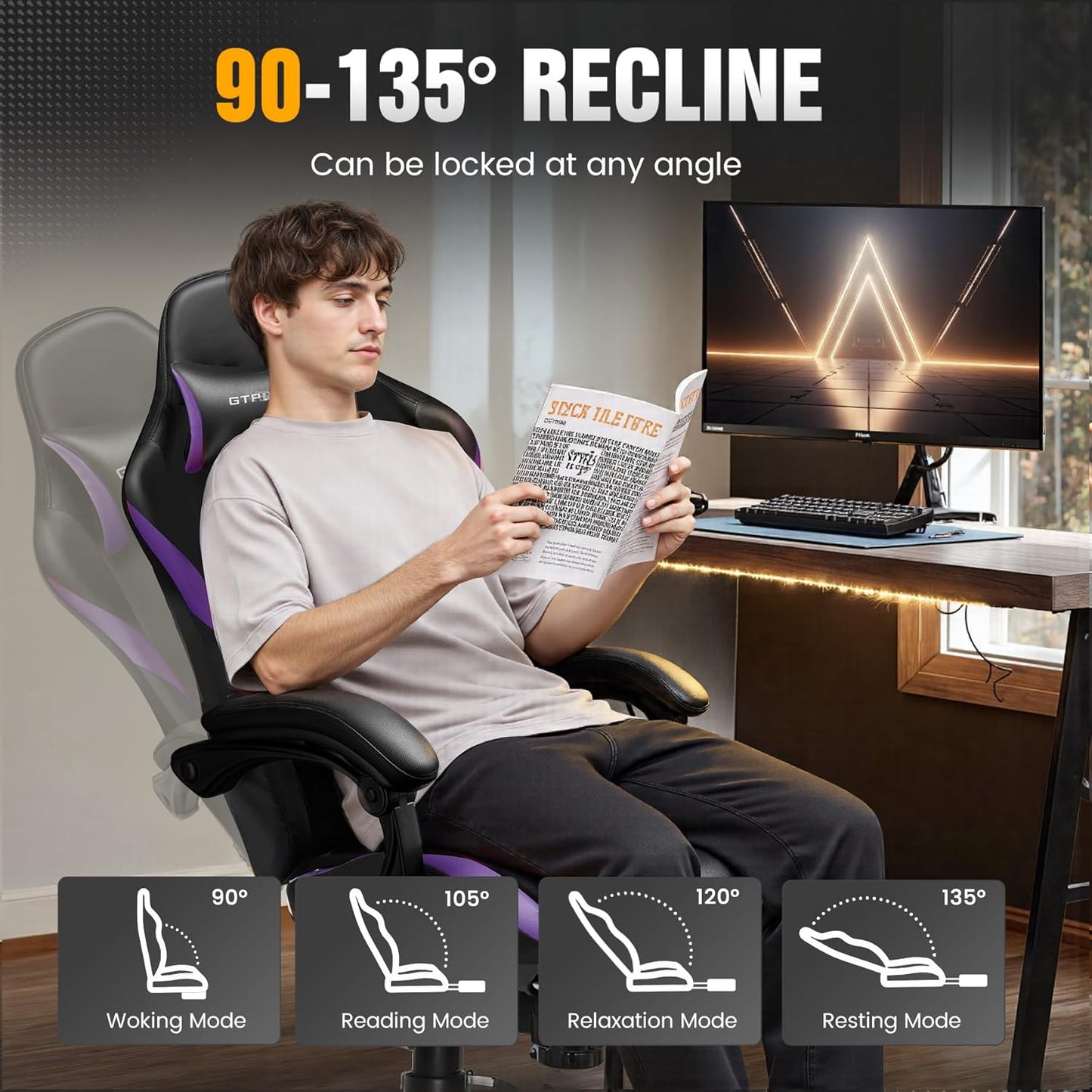 GTRACING Gaming Chair with Foot Rest & Pocket Spring Cushion, Ergonomic High Back Computer Chair with Headrest & 360°-Swivel Seat for Home Office Desk, PU Leather, Purple
