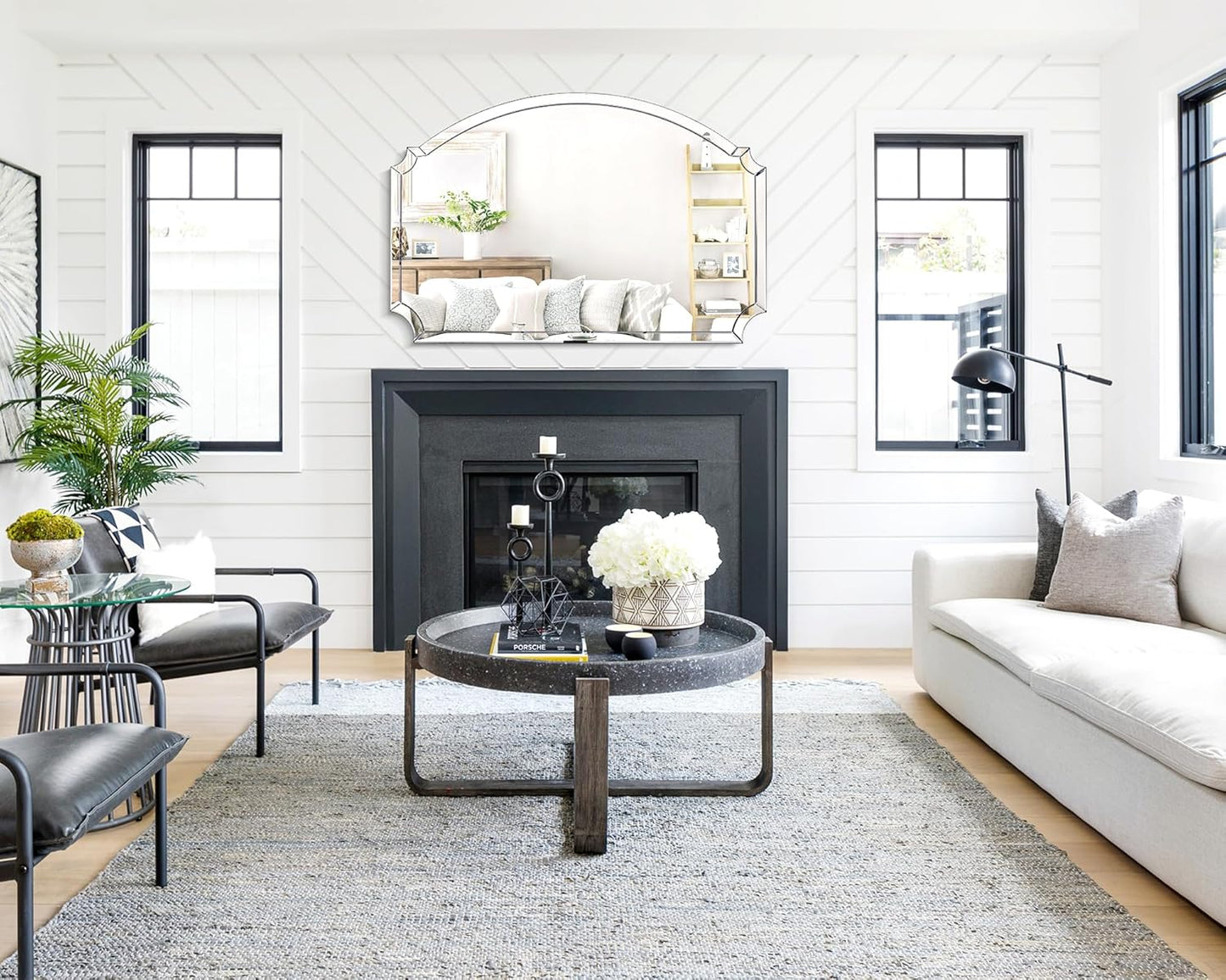 Chende Large Arched Wall Mirror with Glass Beveled Frame&Wood Backboard, 31.5" X 47.2" Horizontal Decorative Mirror Scalloped Corner for Bathroom, Living Room, Entryway, Bedroom