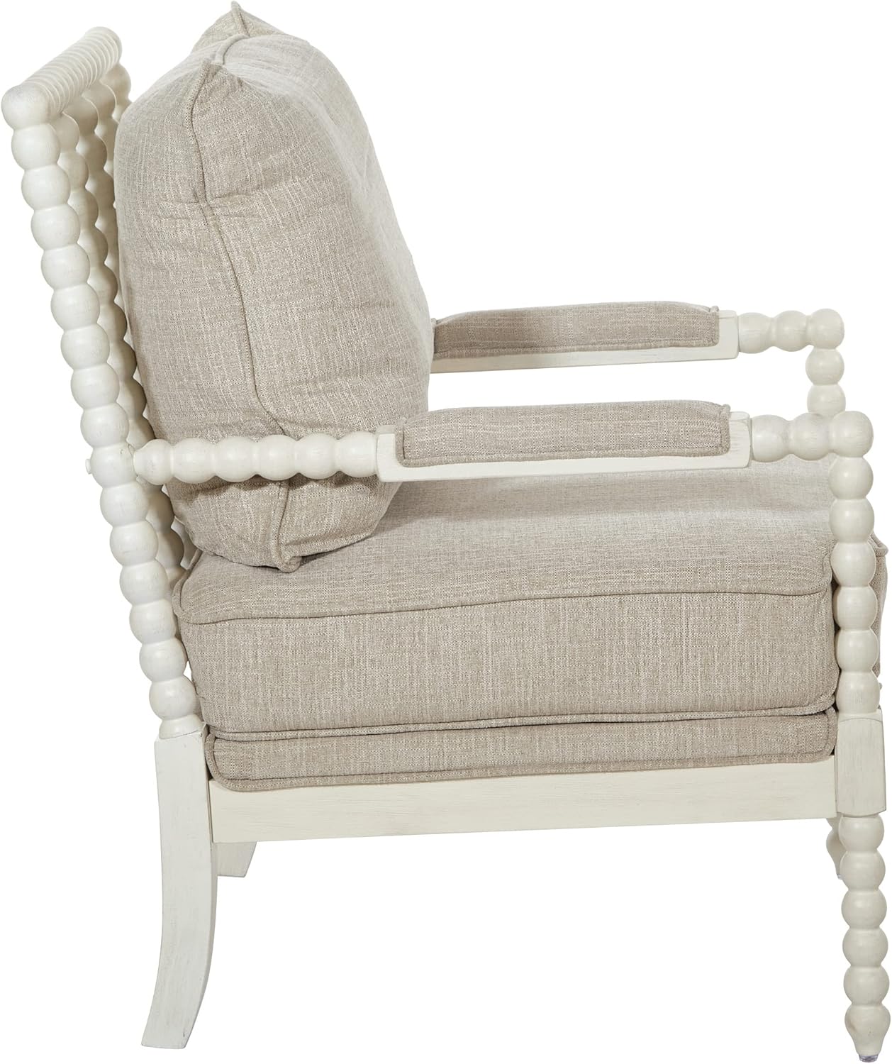 OSP Home Furnishings Kaylee Spindle Accent Chair with Antique White Wood Frame, Beige Linen Fabric