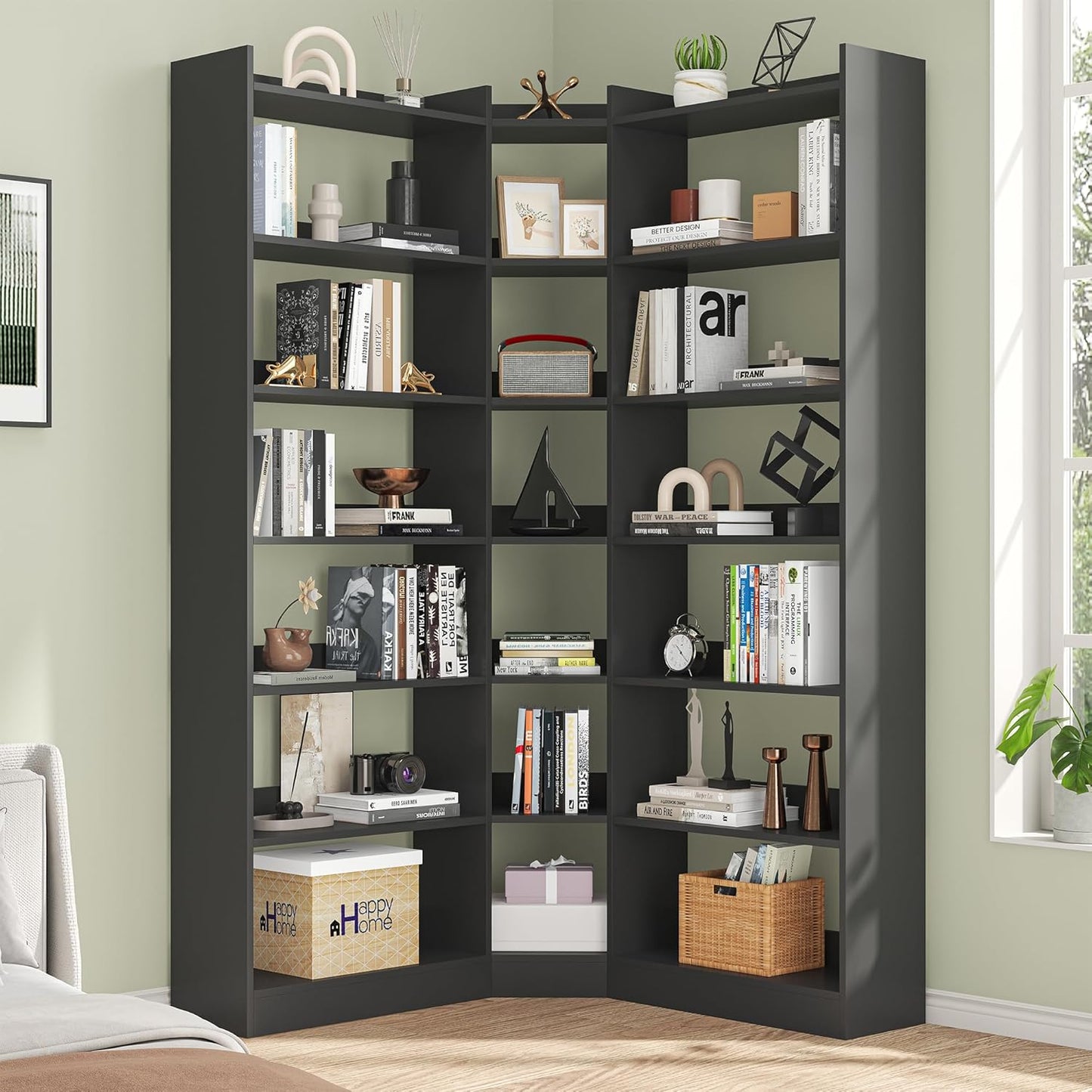 70.8" Tall Corner Bookshelf and Bookcases, 7 Tiers Morden Large Etagere Bookcases Storage Display Rack with Baffle, Industrial L-Shaped Bookshelves for Bedroom, Home Office, Living Room, Black