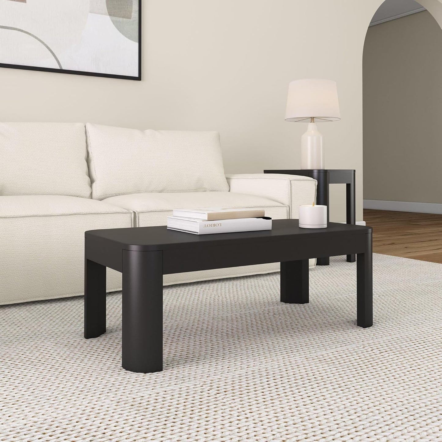 Plank+Beam Small Modern Rounded Coffee Table, 40 Inch, Solid Wood Contemporary Center Table for Living Room, Rectangle Tea Table, Black