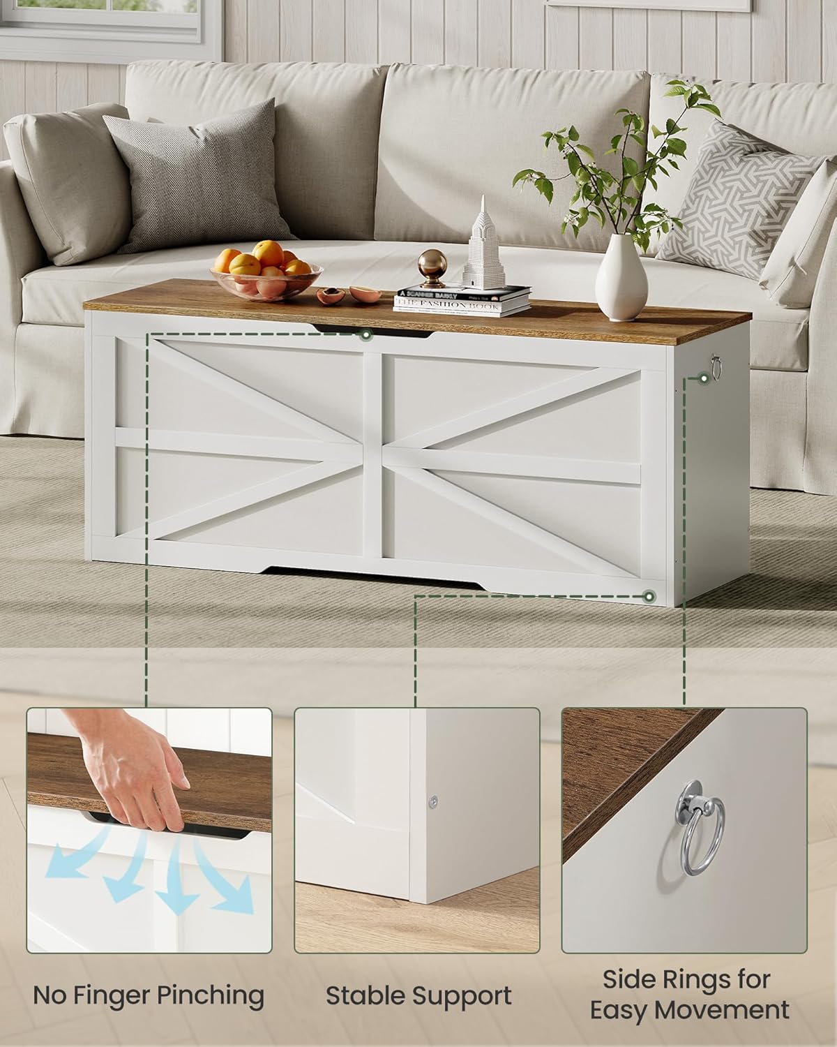 Storage Chest, 47.2" Wooden Storage Trunk, Modern Storage Bench with Safety Hinge, Toy Box, Farmhouse Style, for Bedroom, Living Room, Walnut and White MCW16WL