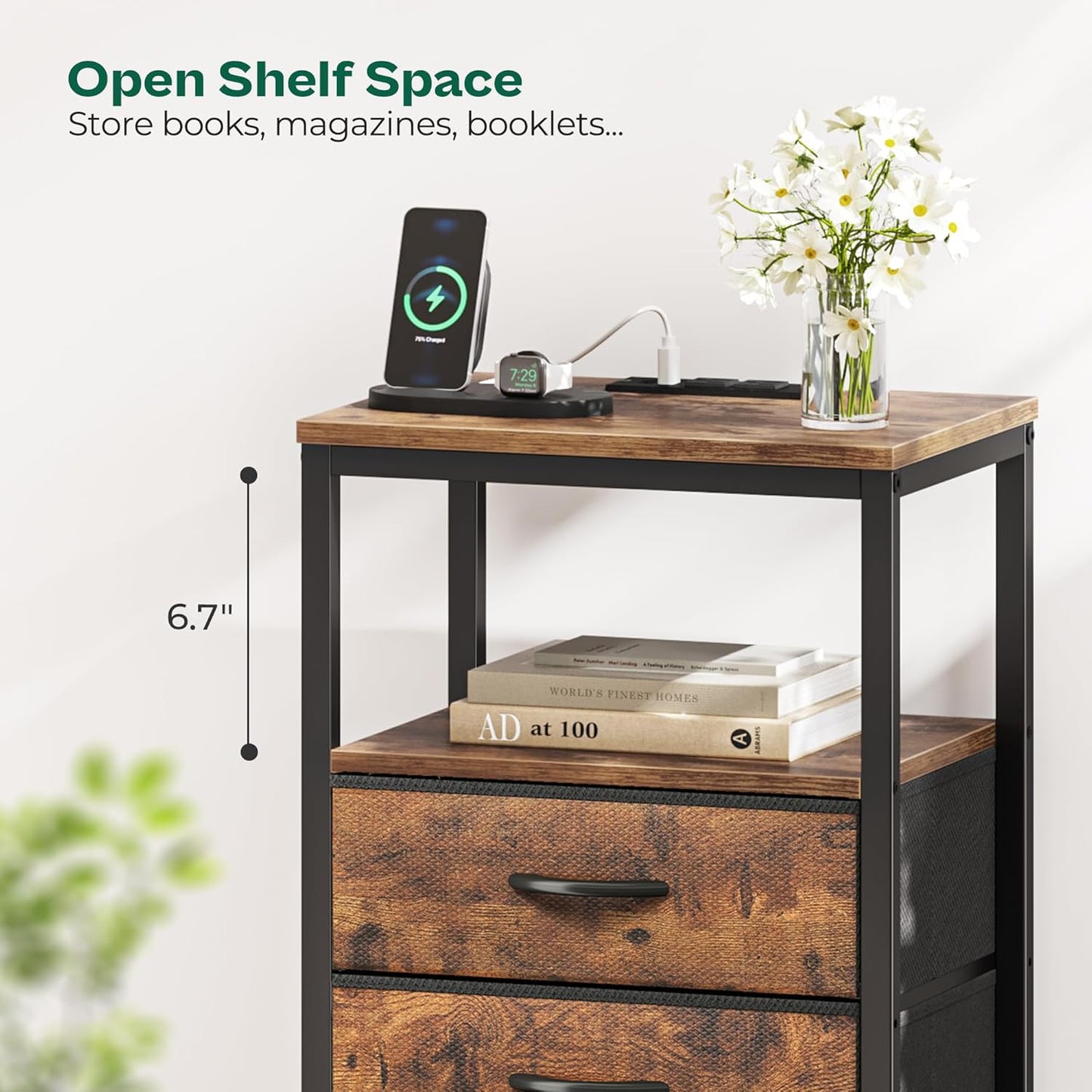 Huuger 5 Drawers Dresser with Charging Station, Set of 2, Dresser for Bedroom, Tall Night Stand, Chest of Drawers with Open Shelf, Bedside Table Nightstand, Fabric, Rustic Brown