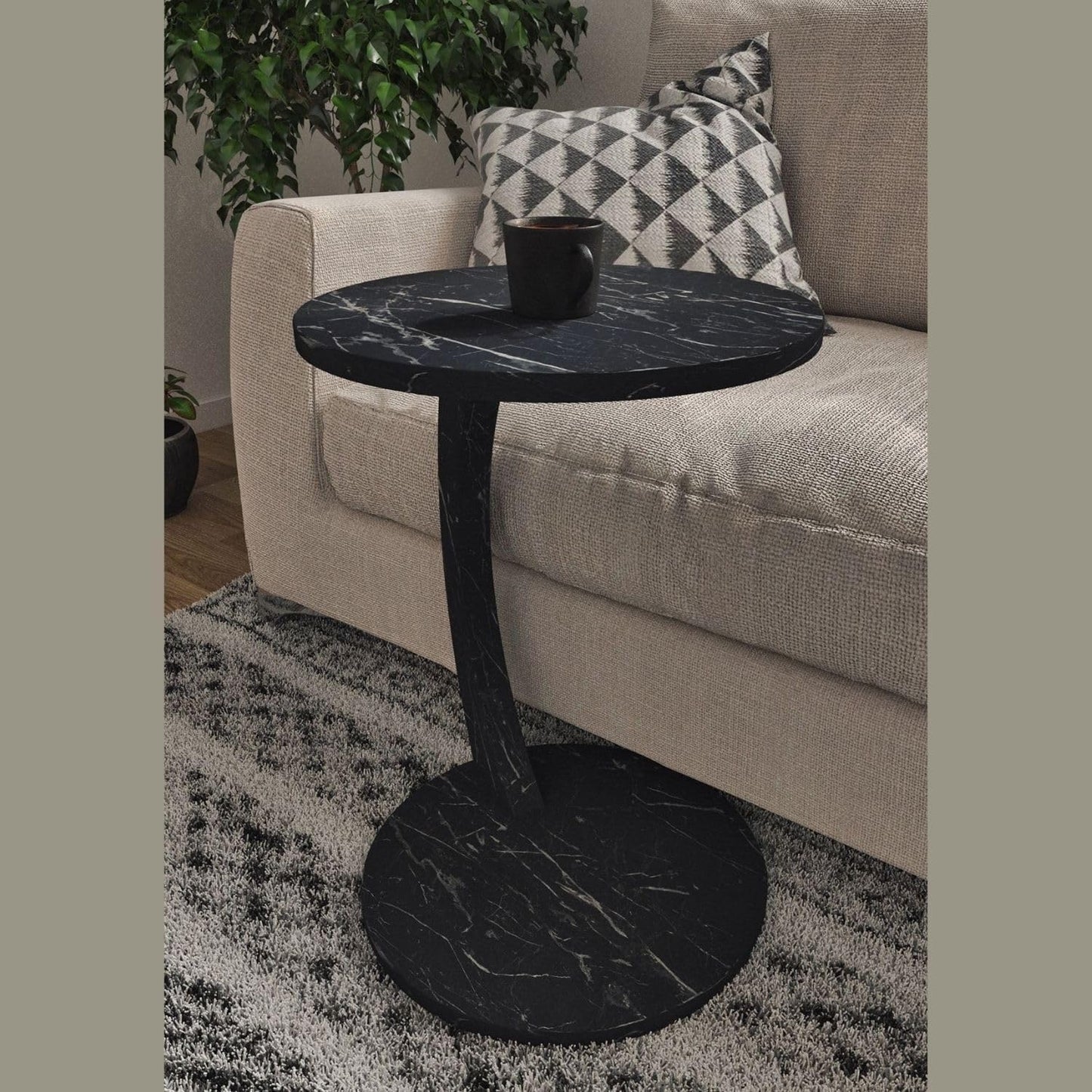 C Shaped End Table for Couch Small Places, Faux Marble Black Space Saver Round Side Table for Sofa and Bedside with Wheels, Coffee and Eating Snack Time Tray for Living Room, Office