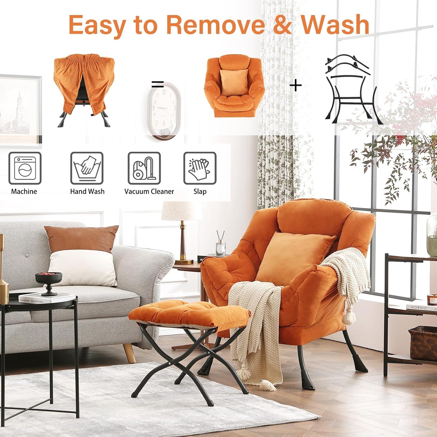 Large Lazy Chair with Ottoman, Accent Reading Chair with a Throw Pillow, Cozy Lounge Chair with Armrest, Leisure Sofa Chair for Living Room, Bedroom, Dorm Room, Velvet Tangerine