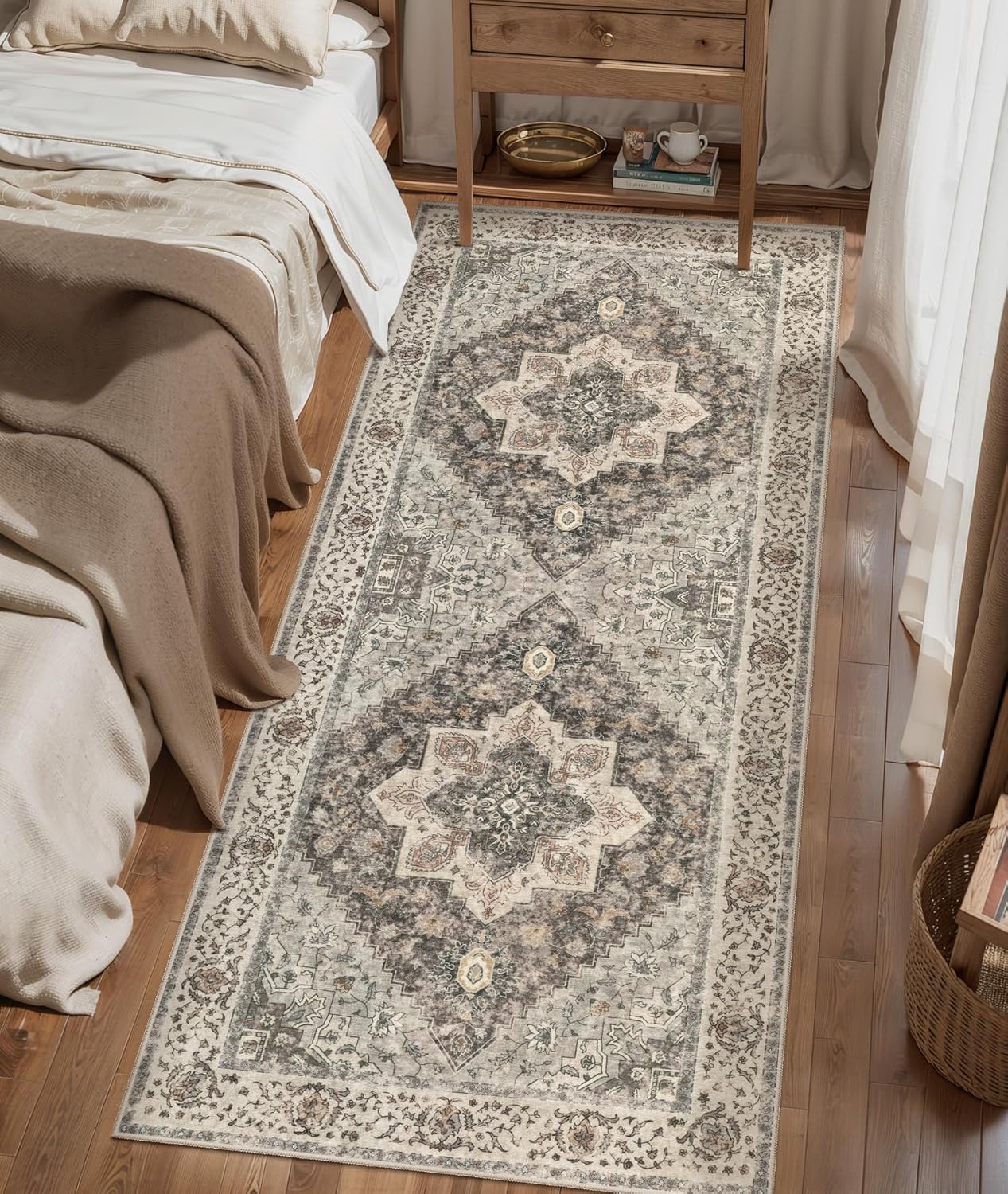 Tangsoo 2x6 Washable Runner Rug for Hallways, Non Slip Vintage Runner, Soft Low Pile Long Rug Runner, Print Distressed Brown/Grey Carpet Runners for Kitchen Bedroom Entryway Bathroom Living Room