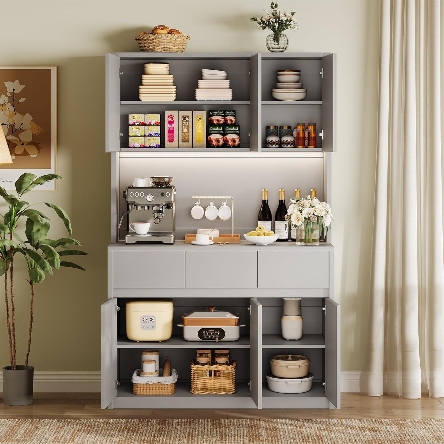 Garvee Kitchen Pantry Storage Cabinet, Tall Storage Cabinet with Doors and Shelves, Kitchen Storage Hutch with Microwave Stand, Led Lights and Charging Station,Corner Pantry Cabinet,Grey