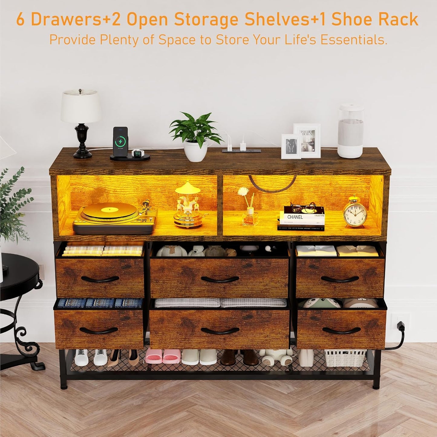 Dresser for Bedroom, 6 Drawers Led Dresser TV Stand with Power Outlets and LED Lights, Long Fabric Dressers Wide Chest of Drawers with Large Organizer Shoe Rack for Living Room, Entryway