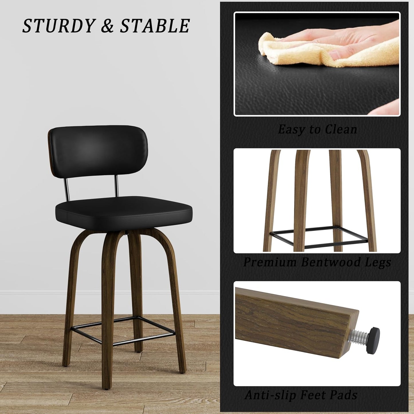 Swivel Counter Height Bar Stools with Back Set of 2, 26" Faux Leather Kitchen Bar Stools with Wood Legs and Metal Footrest for Kitchen Island (Black PU)