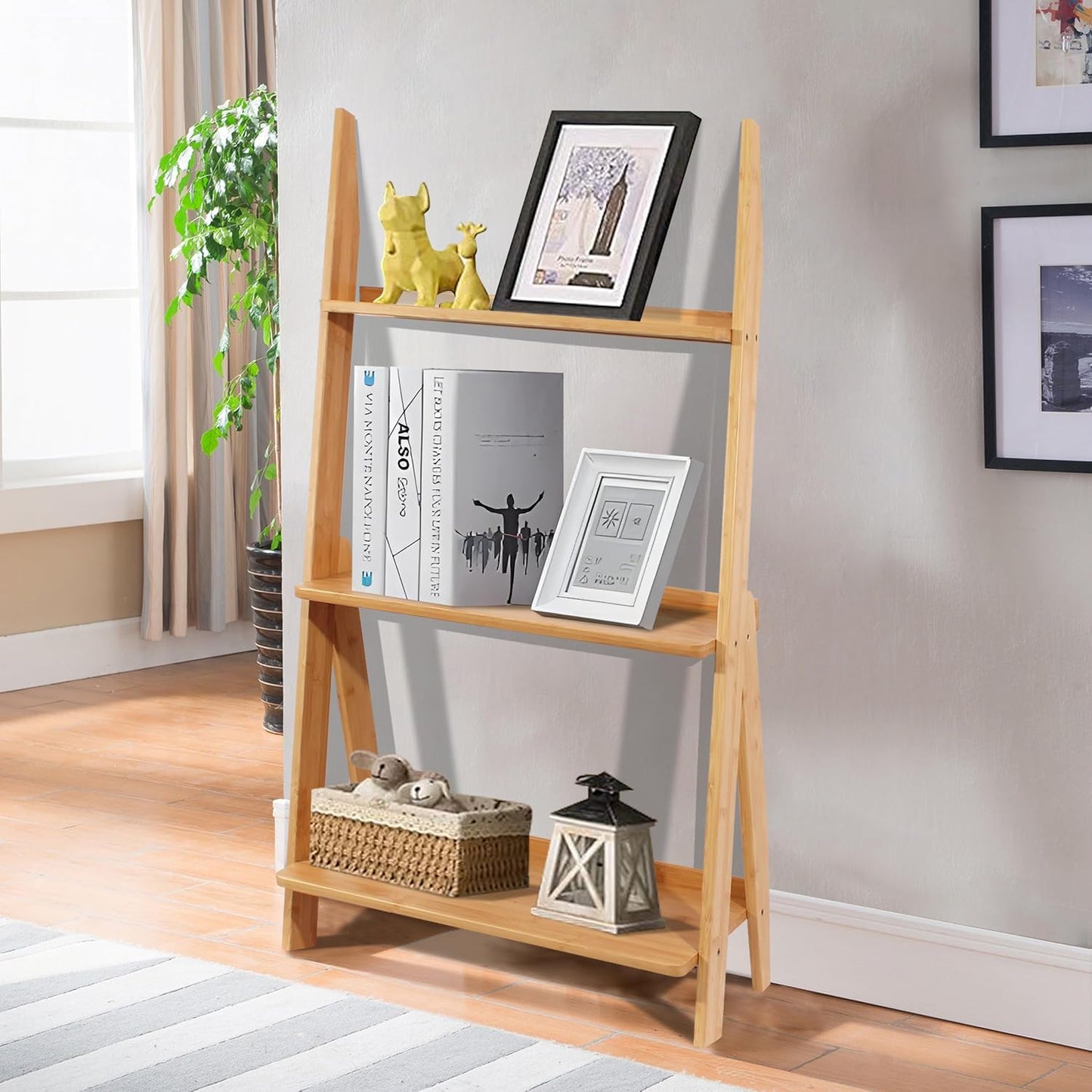 DOUSY-3-Tier Ladder Shelf, Bamboo Ladder Bookshelf Leaning Bookcase Trapezoid Bookshelf Storage Rack Shelf for Living Room, Kitchen, Bathroom, Home Office, Natural Color