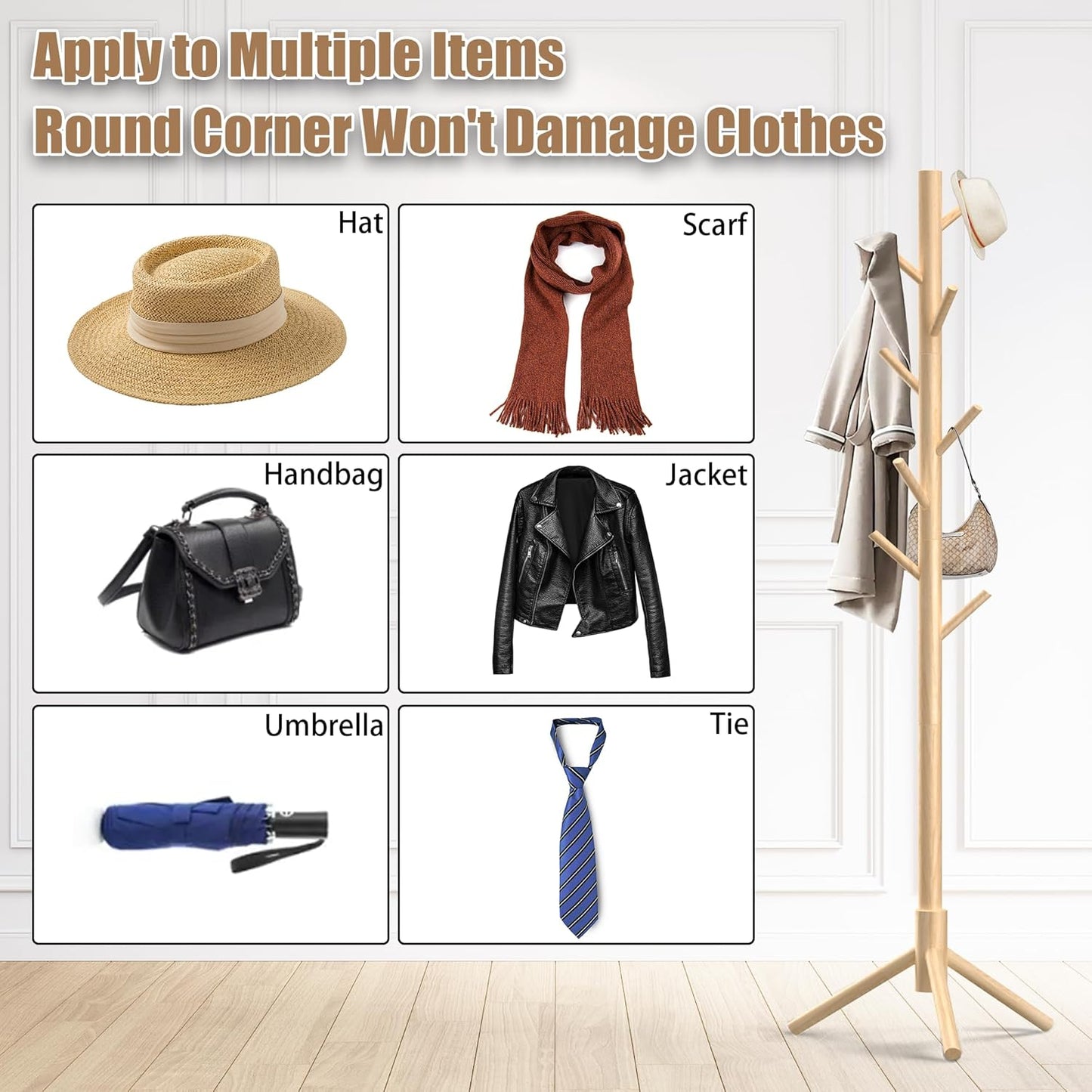 Wooden Coat Rack Stand, Freestanding Coat Rack with 8 Hooks, 3 Adjustable Size Coat Tree for Hats, Coats, Scarves bags, Coat Hanger Stand Used in Bedroom/Office/Entryway (Natural)