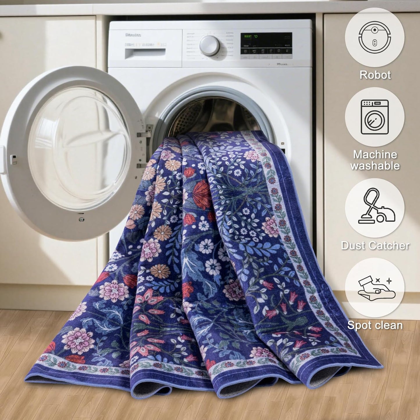 Area Rug Living Room Rugs: Floral 5x7 Washable Rug Vintage Soft Boho Non-Slip Carpet Indoor Floor Stain Resistant Large Carpets for Bedroom Dining Room Farmhouse Nursery Hallway Home Office Blue