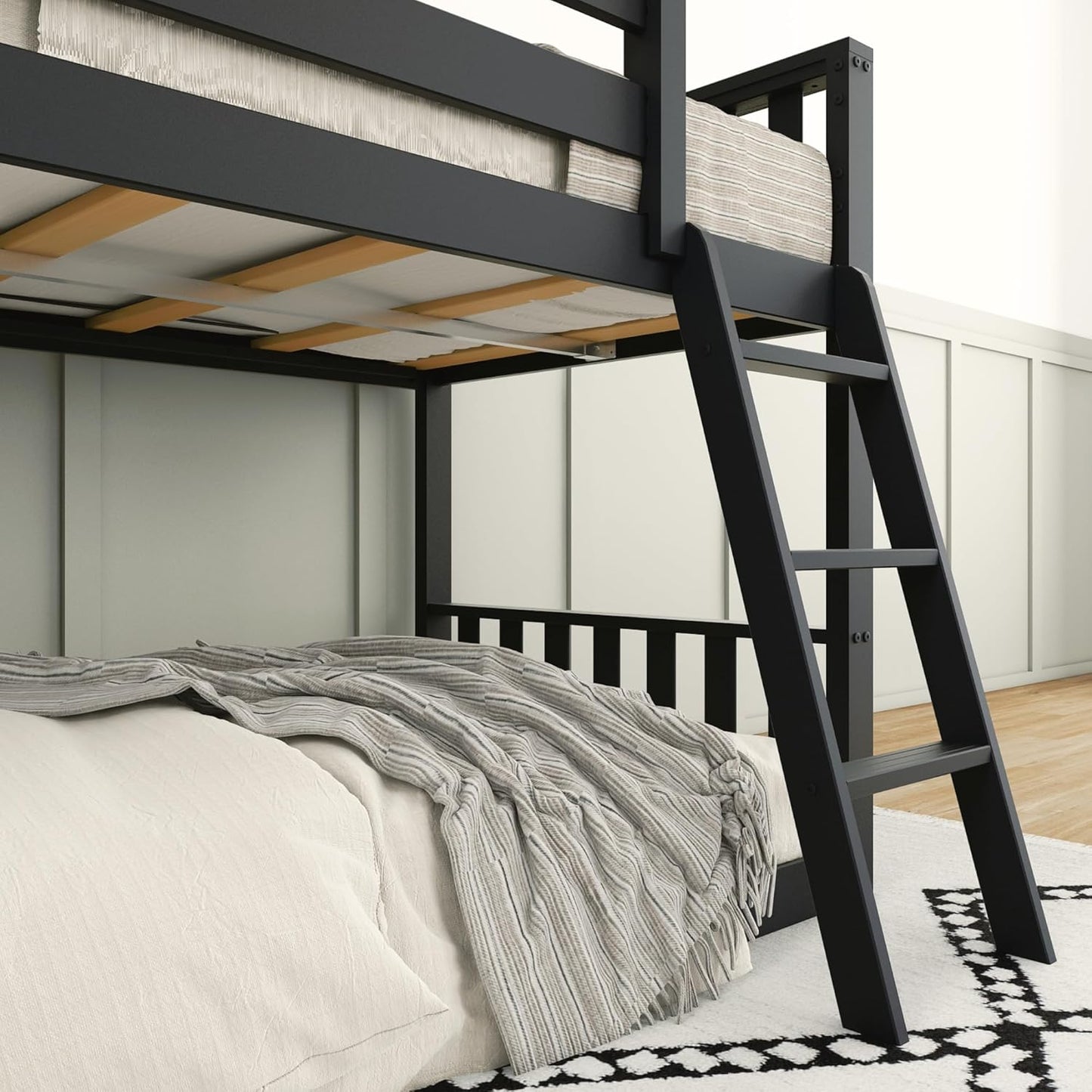 Max & Lily Low Bunk Bed, Scandinavian Modern Bunk Bed, Solid Wood Twin-Over-Twin Bed Frame for Kids, No Box Spring Needed, Black
