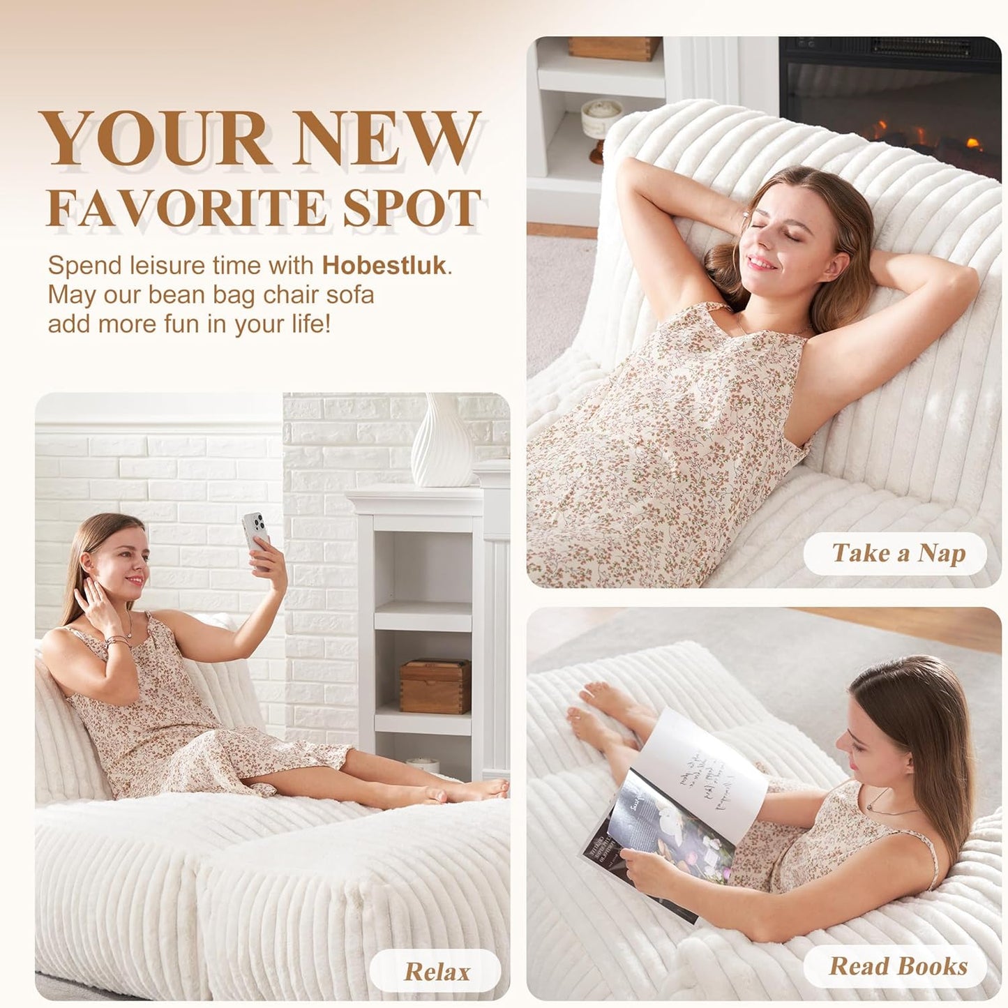 Hobestluk Big Bean Bag Lounger Chairs Large Beanbag Chair for Adults Bean Bag Sofa with Memory Foam Filled for Living Room, Bedroom or Balcony (Stripe White)