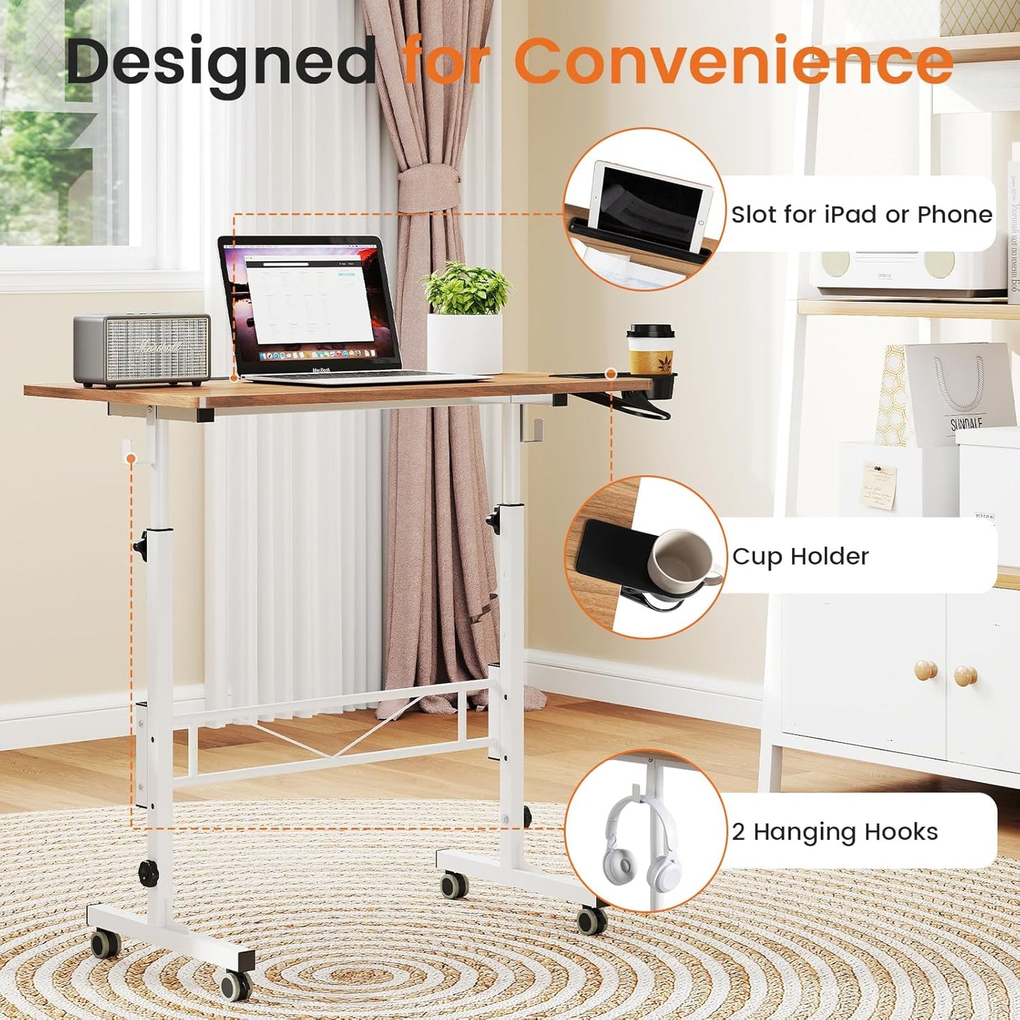 Hadulcet Portable Standing Desk, Rolling Desk Adjustable Height, Mobile Laptop Desk, Small Stand Up Table with Wheels, Walking Table for Treadmill Walking Pad, Tall Computer Stand, Oak