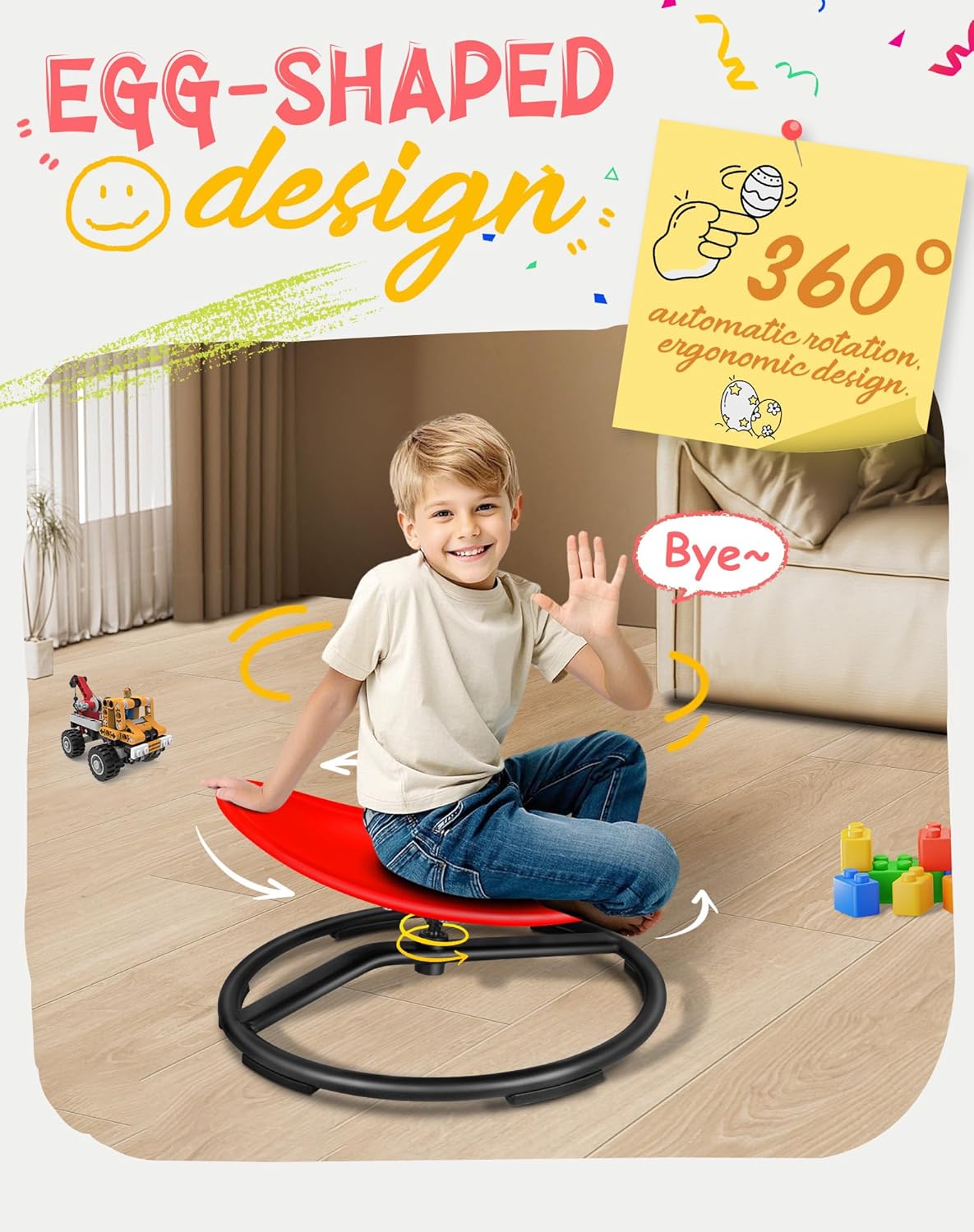 Spinning Chair for Autistic Kids, Sensory Swivel Chair, 220LBS Weight Capacity, Sensory Toy for Children with ADHD/Autism, Training Body Coordination, 3+ Years (Red)