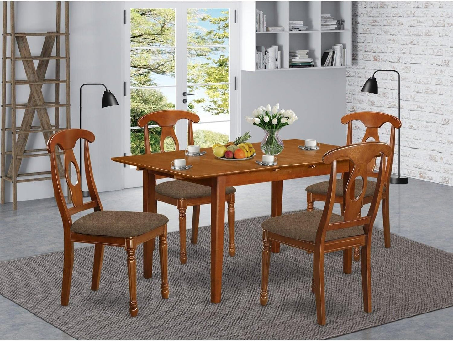 East West Furniture PSNA5-SBR-C 5 Piece Dinette Set for 4 Includes a Rectangle Dining Room Table with Butterfly Leaf and 4 Linen Fabric Kitchen Dining Chairs, 32x60 Inch, Saddle Brown